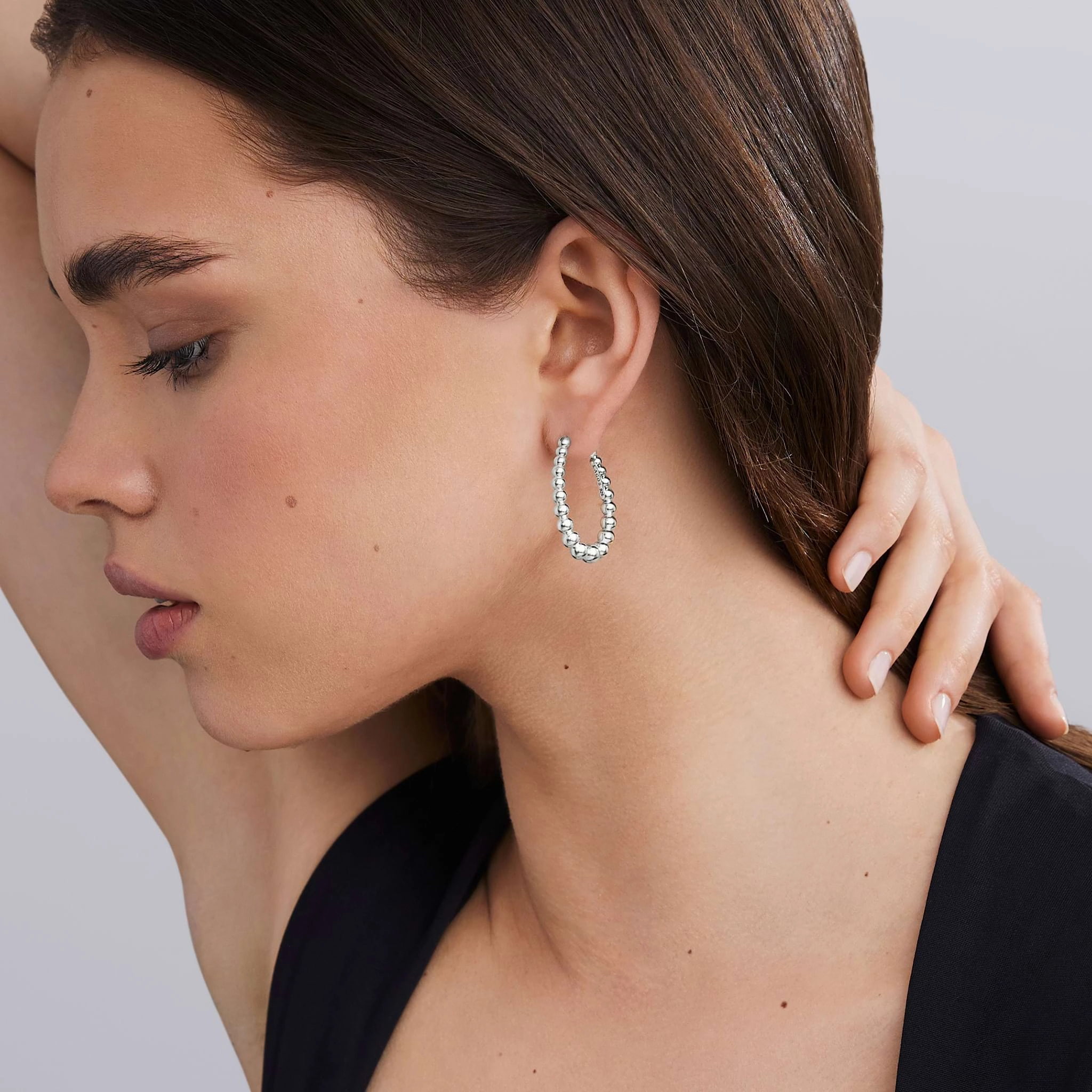 Caviar Bubbly Silver Oval Beaded Hoop Earrings
