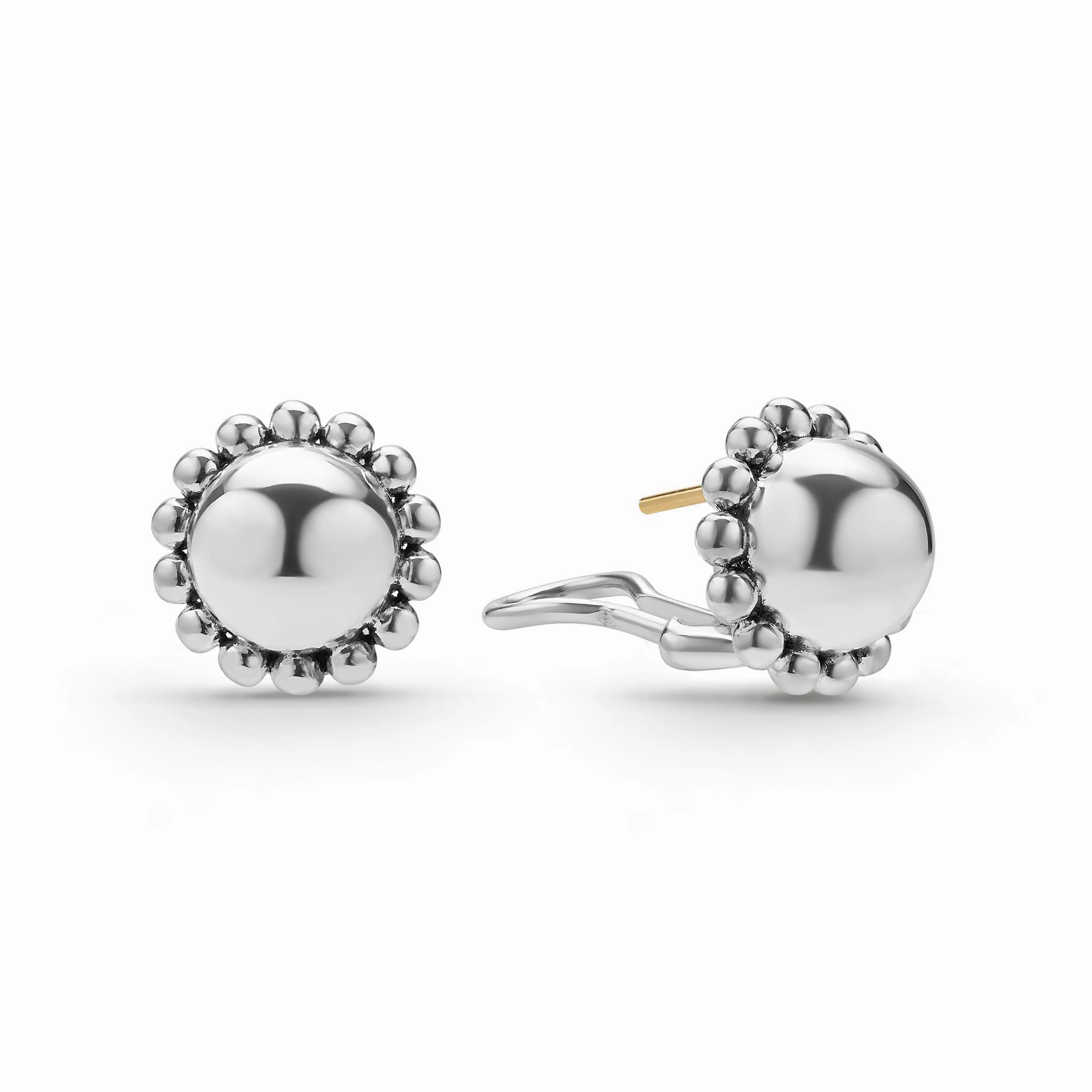 Caviar Bubbly Silver Round Omega Clip Earrings
