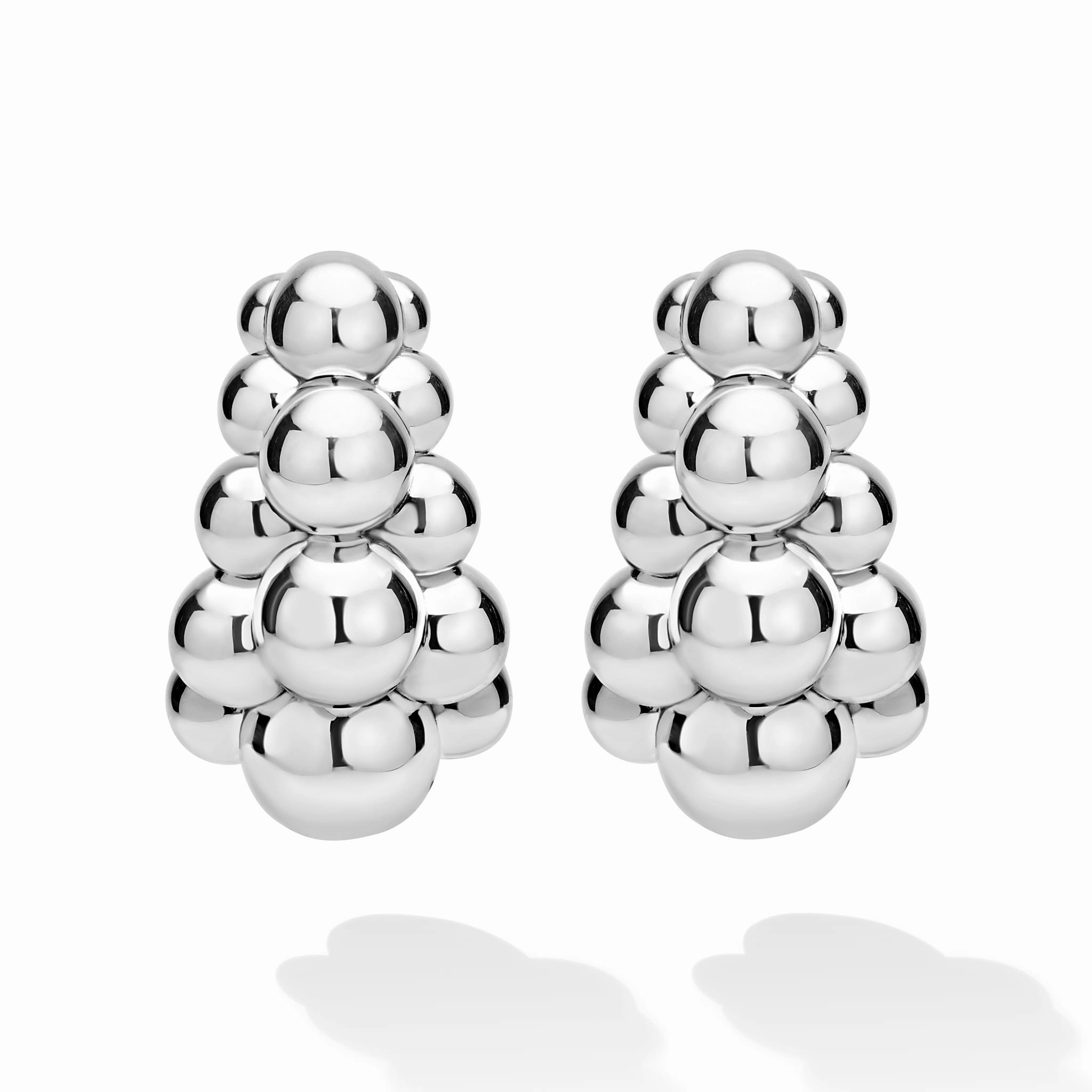 Caviar Bubbly Silver Three Row Beaded Hoop Earrings