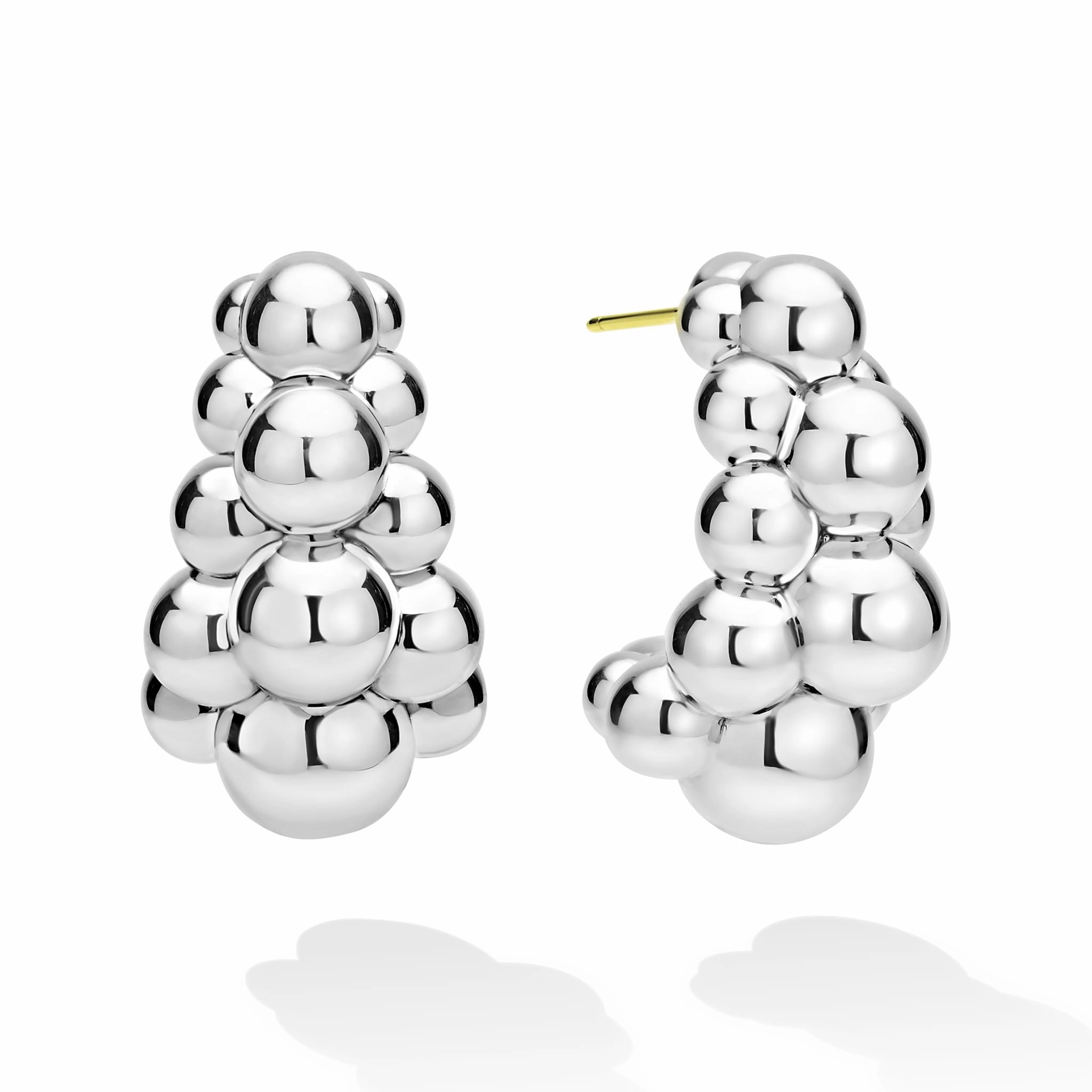 Caviar Bubbly Silver Three Row Beaded Hoop Earrings