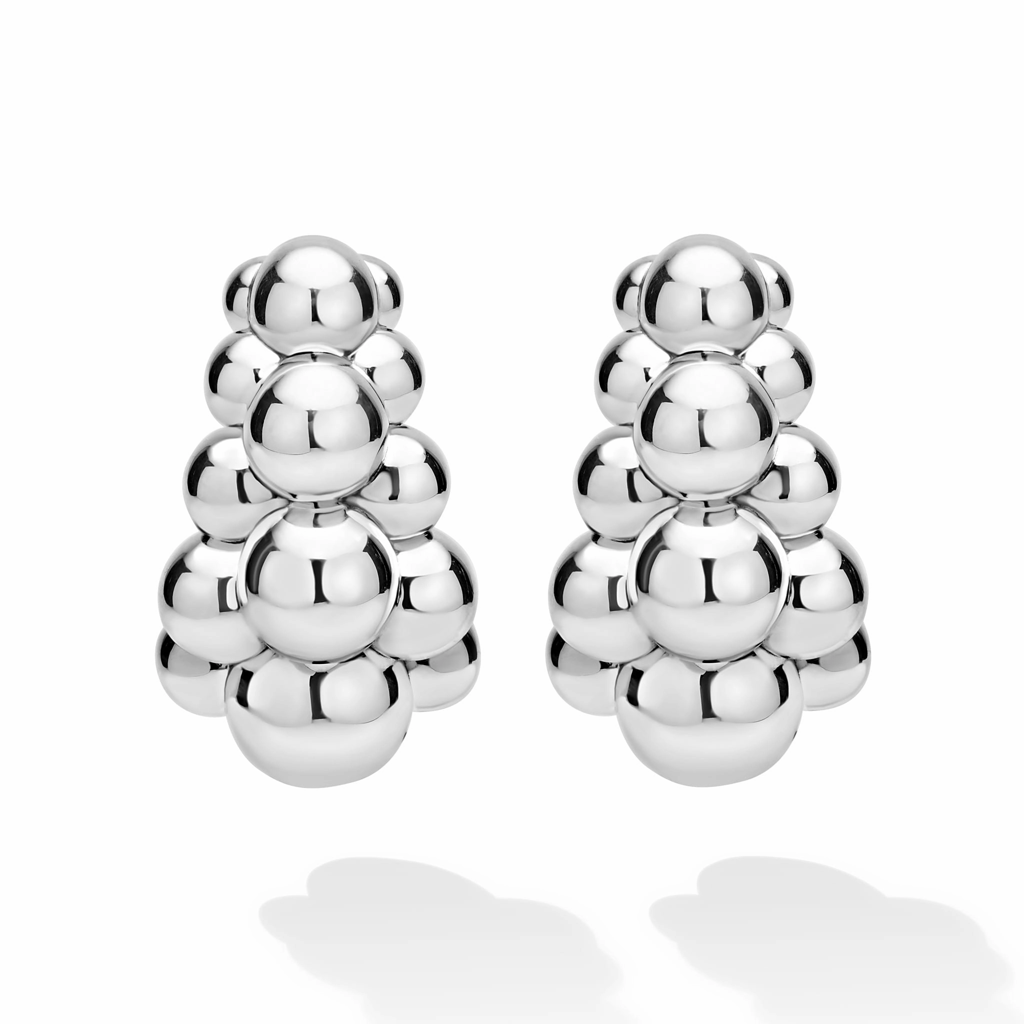 Caviar Bubbly Silver Three Row Beaded Hoop Earrings
