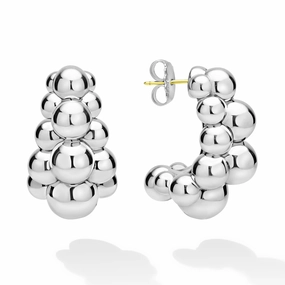 Caviar Bubbly Silver Three Row Beaded Hoop Earrings