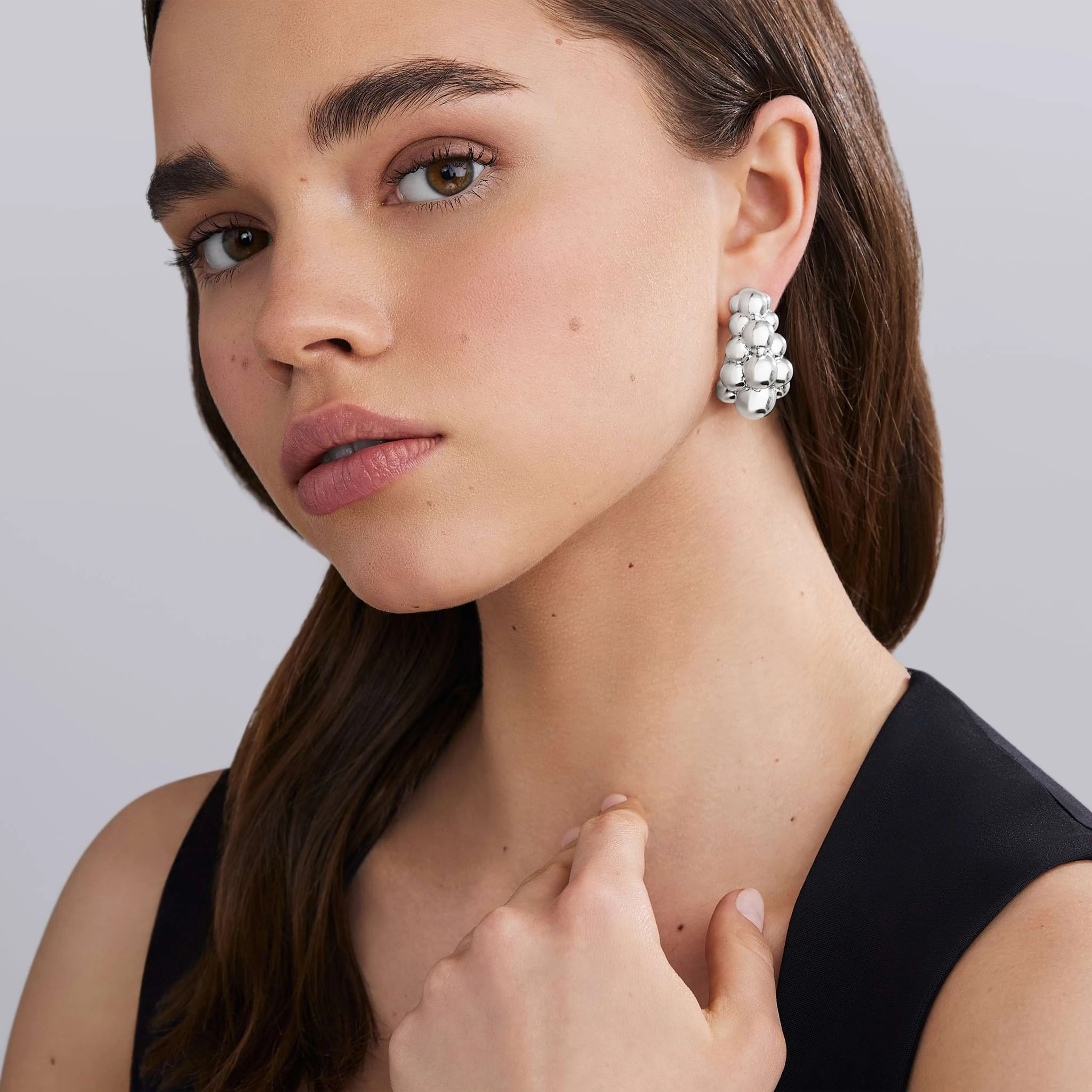 Caviar Bubbly Silver Three Row Beaded Hoop Earrings