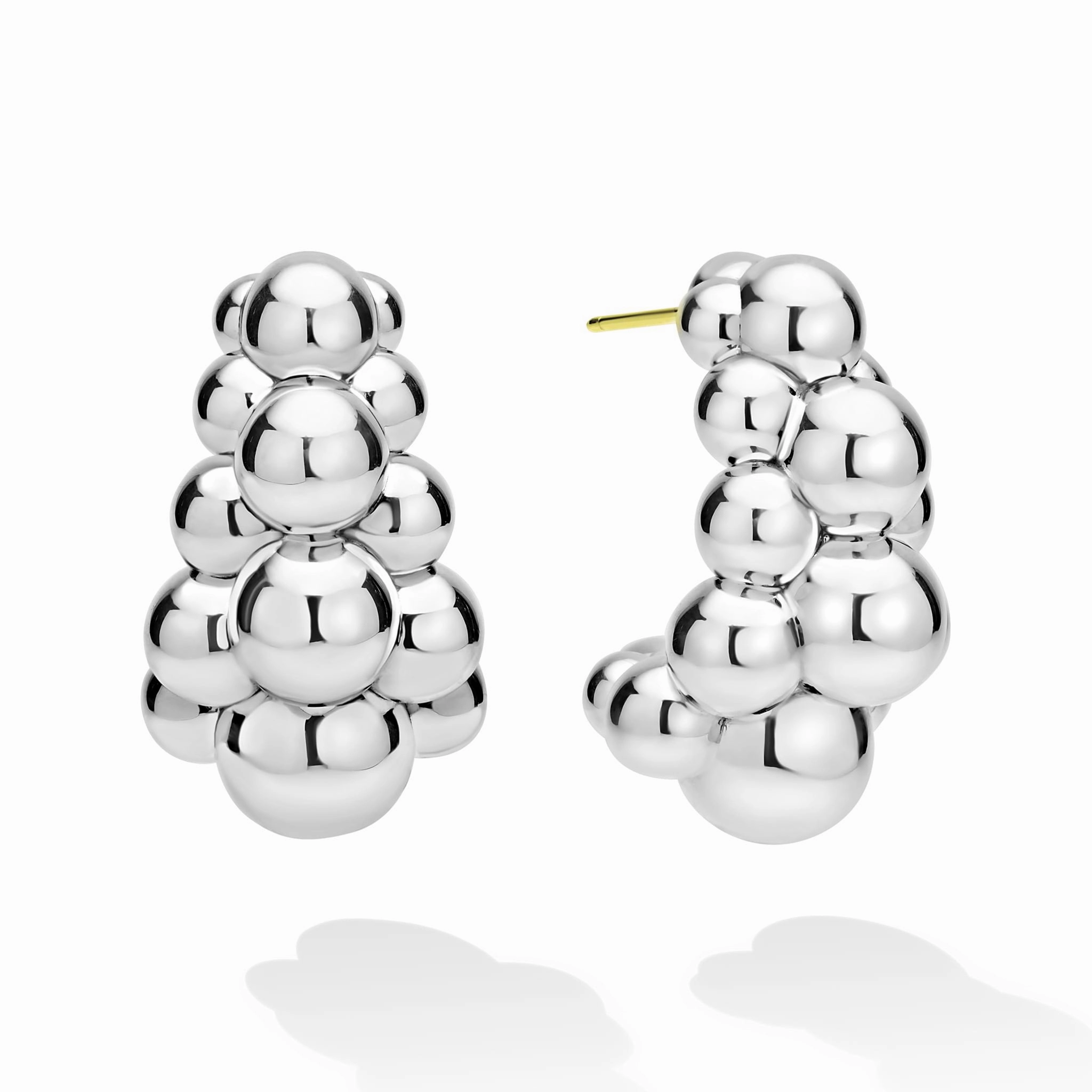 Caviar Bubbly Silver Three Row Beaded Hoop Earrings