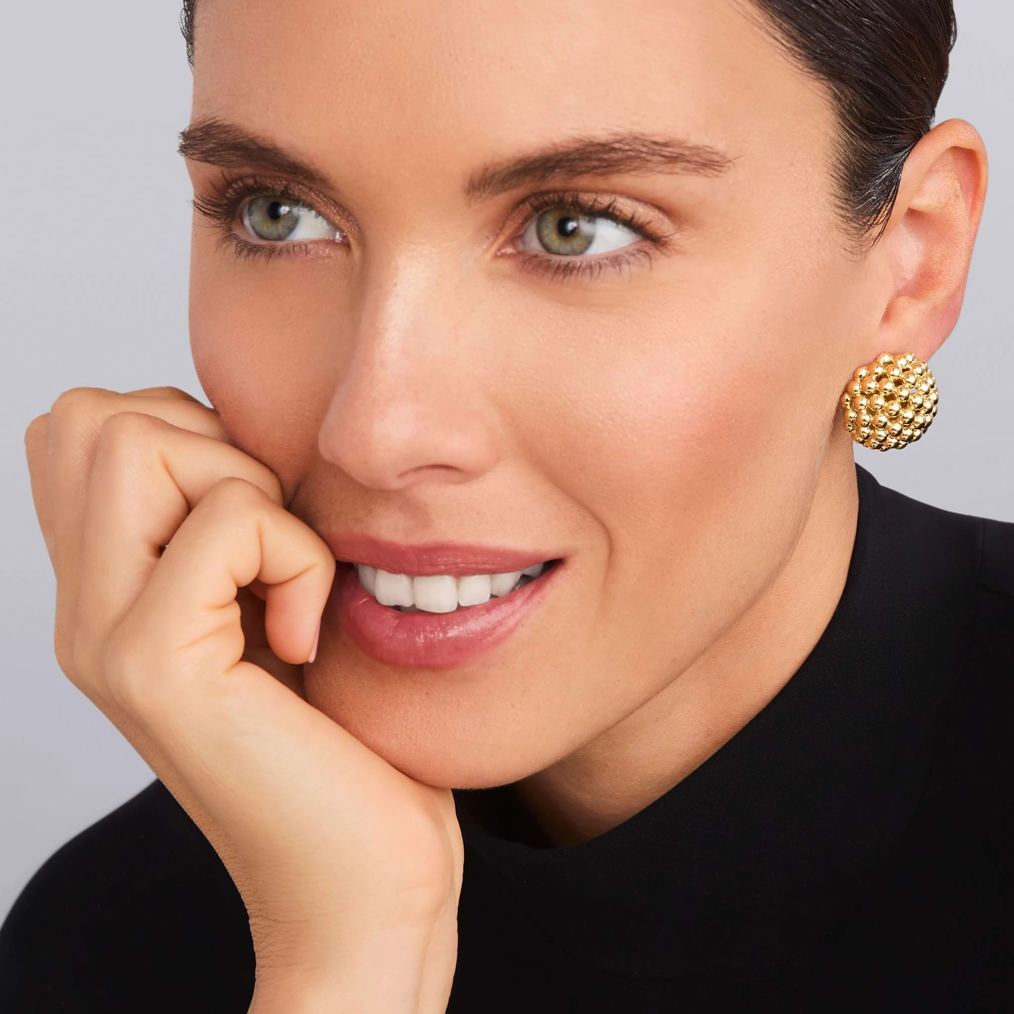 Caviar Gold 18K Gold Beaded Omega Clip Earrings