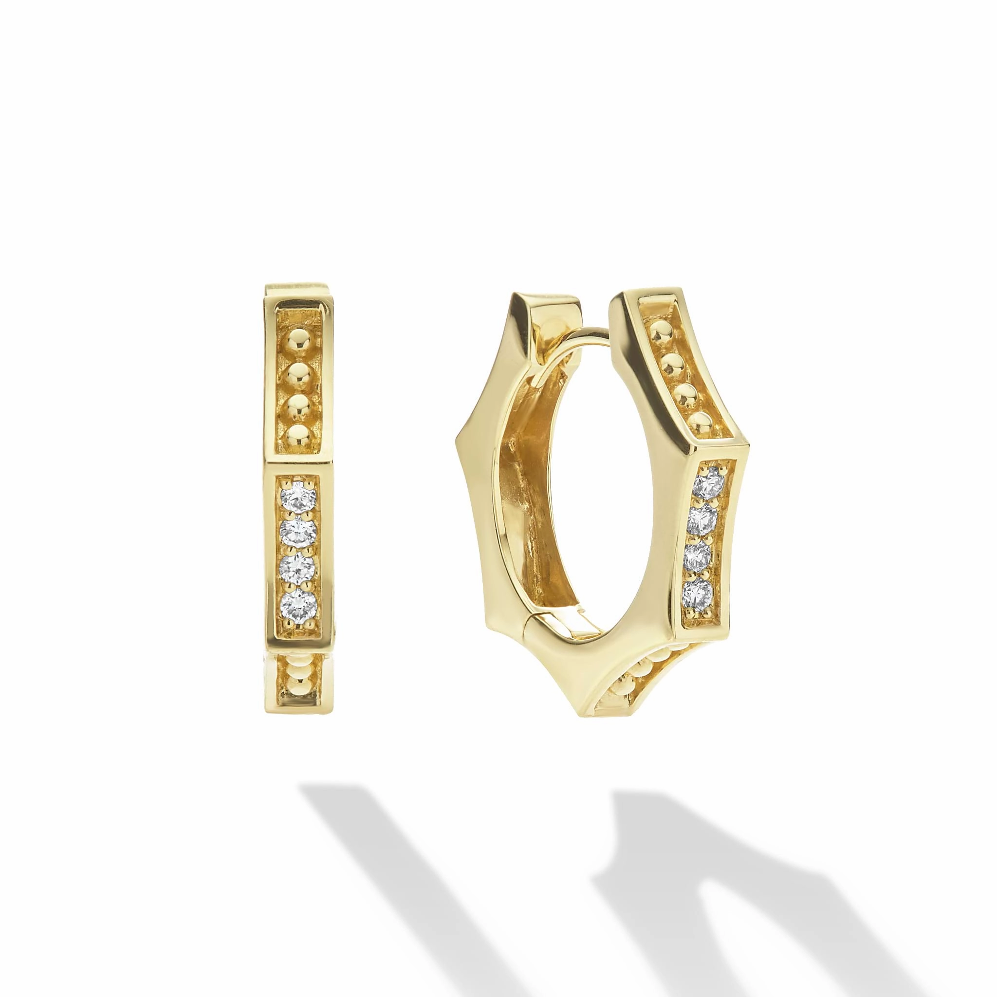 Caviar Gold 18K Gold Caviar Hexagon Diamond Huggie Earrings