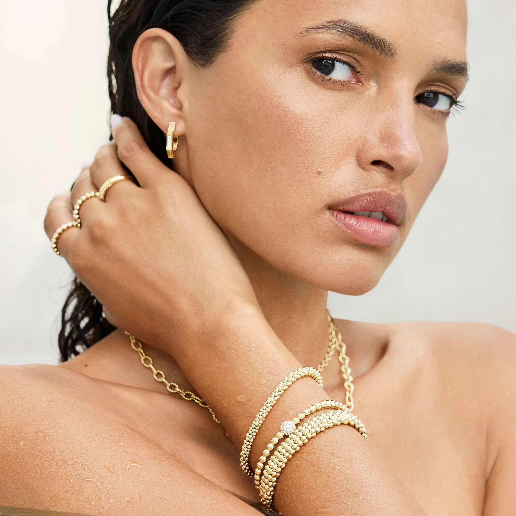 Caviar Gold 18K Gold Caviar Hexagon Diamond Huggie Earrings
