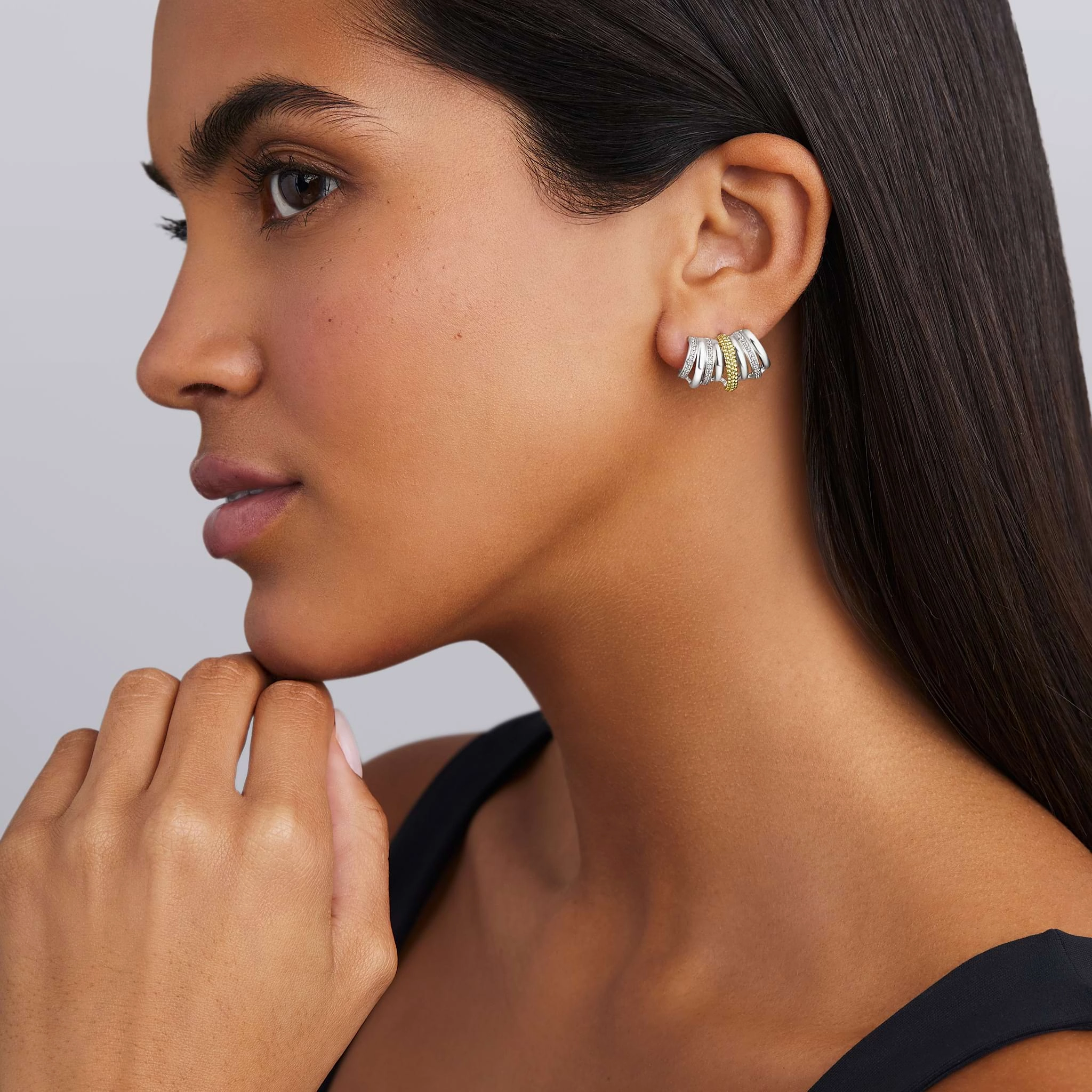 Caviar Lux Two-Tone Diamond Crawler Huggie Earrings
