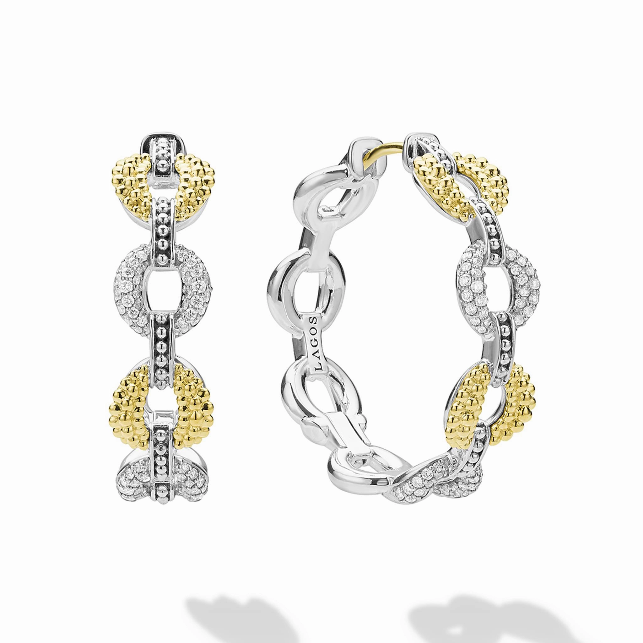 Caviar Lux Two-Tone Link Diamond Hoop Earrings