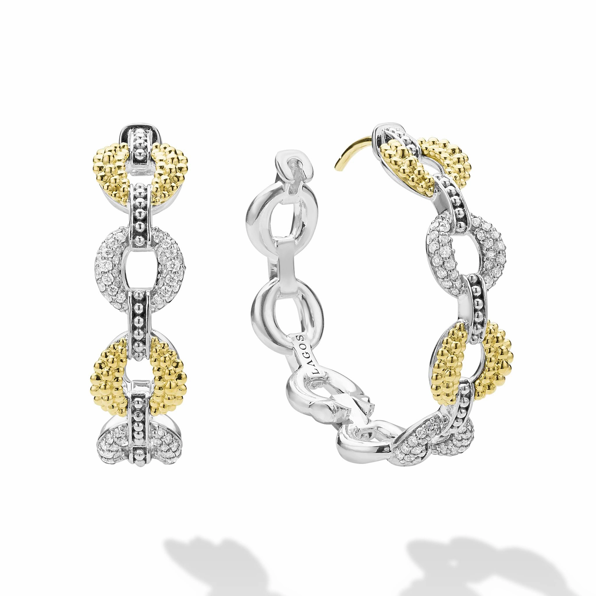 Caviar Lux Two-Tone Link Diamond Hoop Earrings