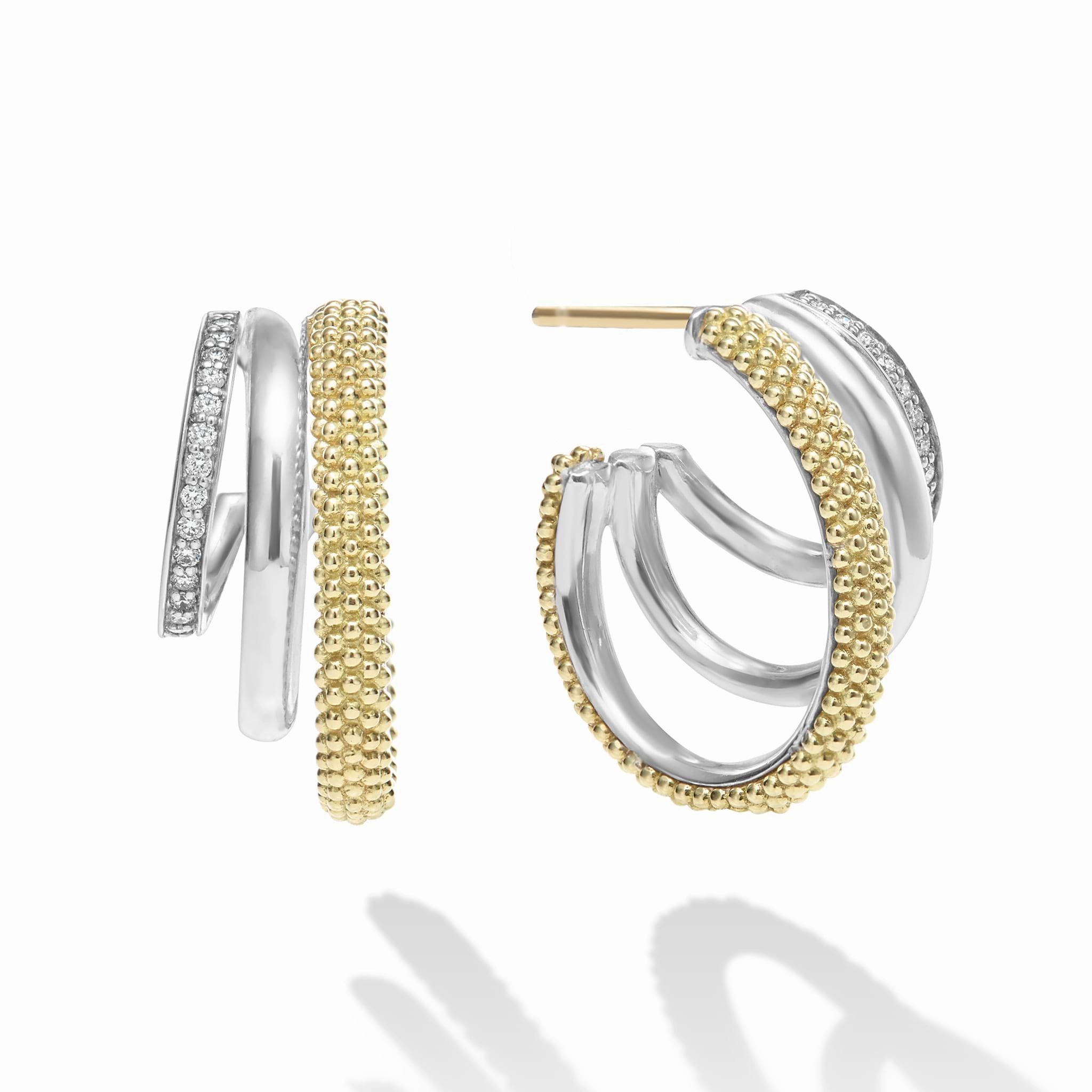 Caviar Lux Two-Tone Three Ring Diamond Hoop Earrings