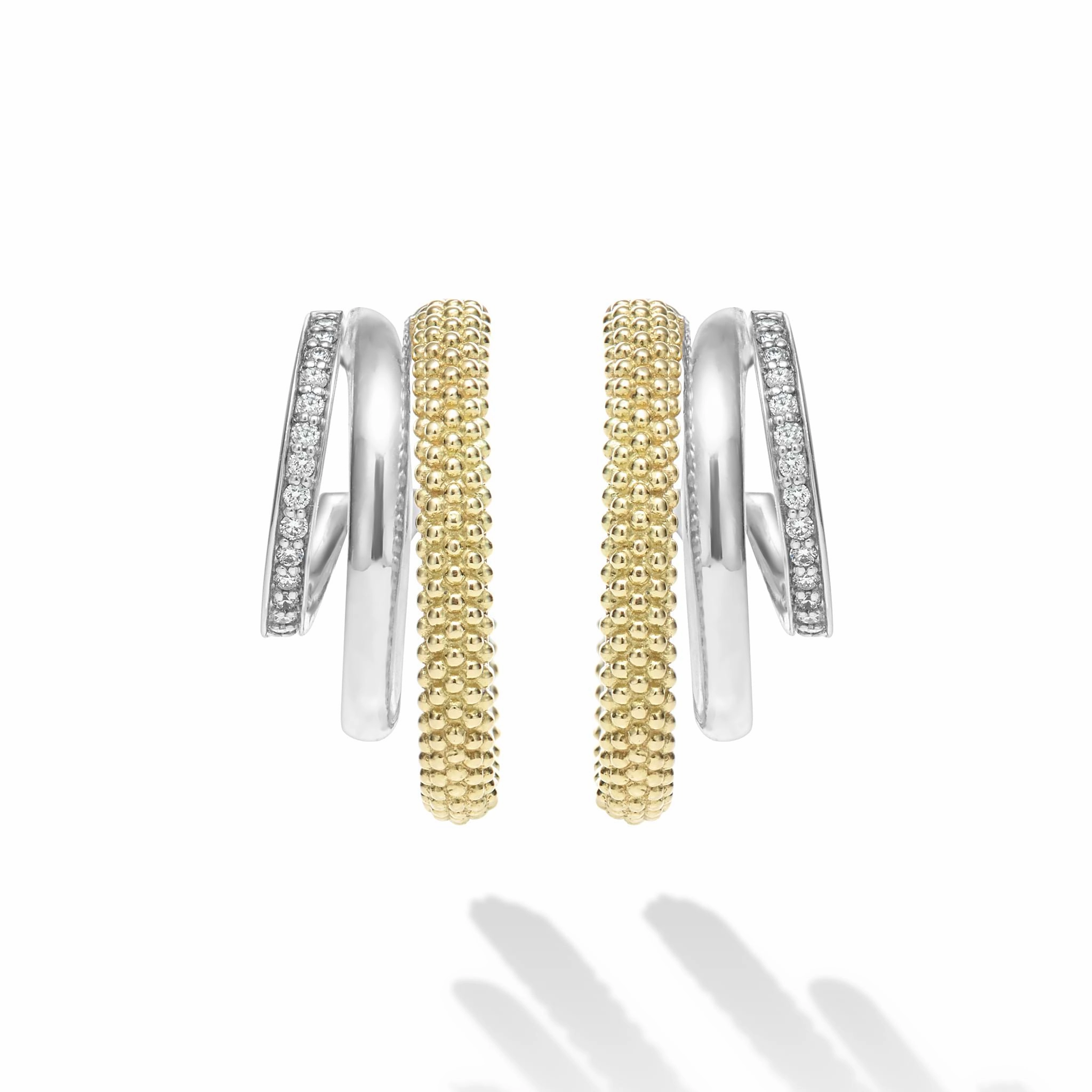 Caviar Lux Two-Tone Three Ring Diamond Hoop Earrings