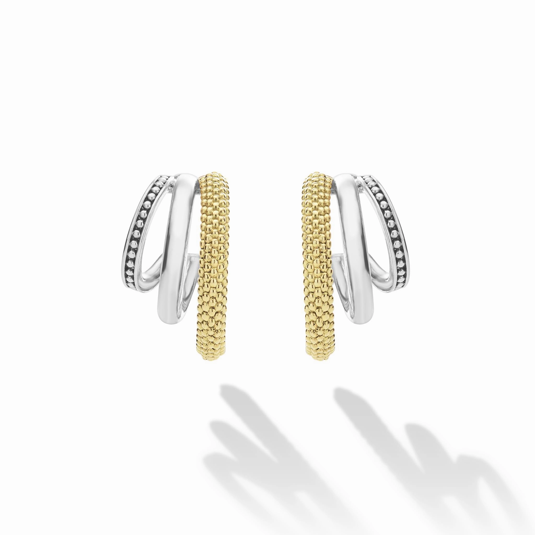 Caviar Lux Two-Tone Three Ring Hoop Earrings