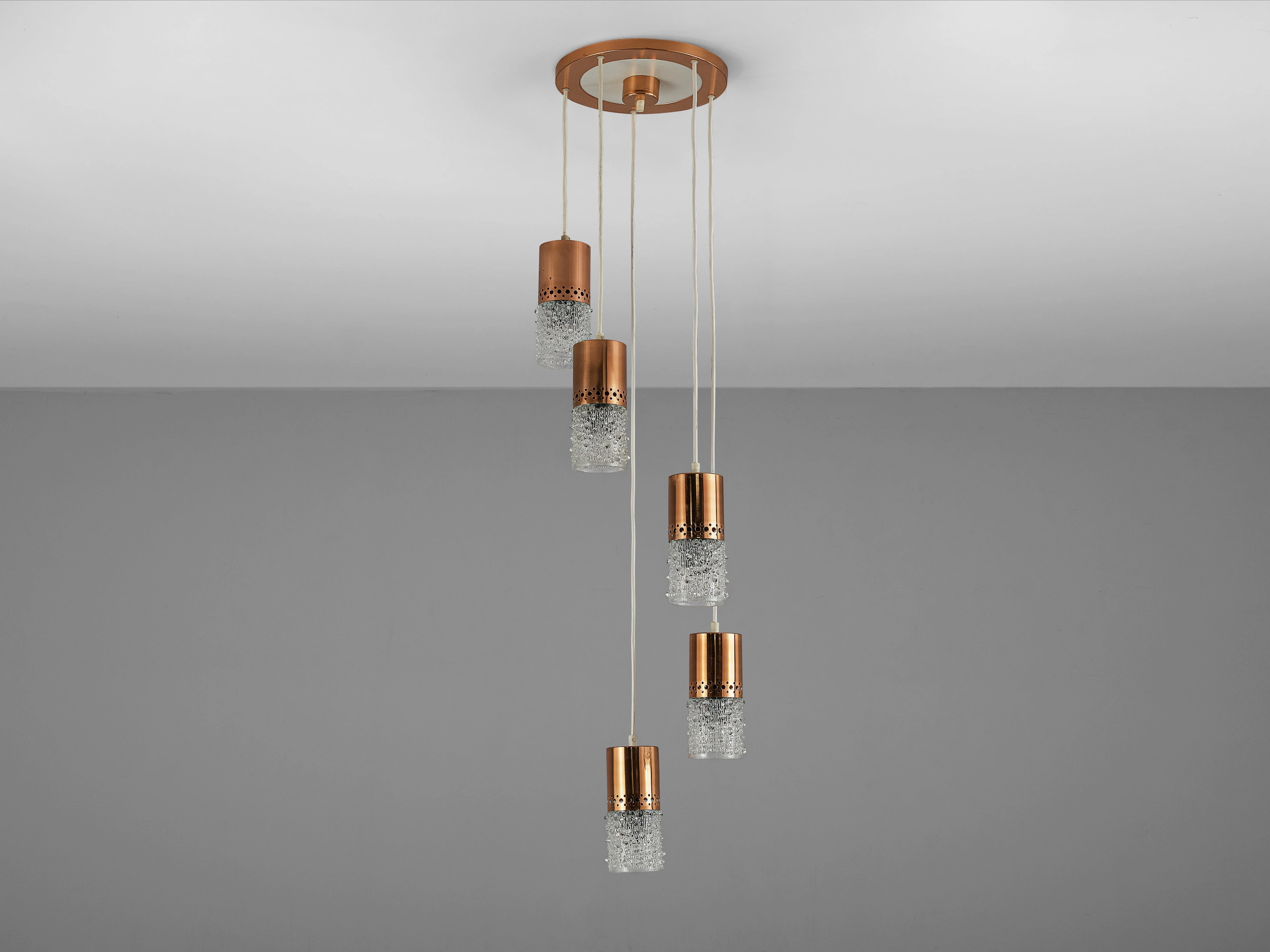 Ceiling Light with Five Pendants in Copper and Glass