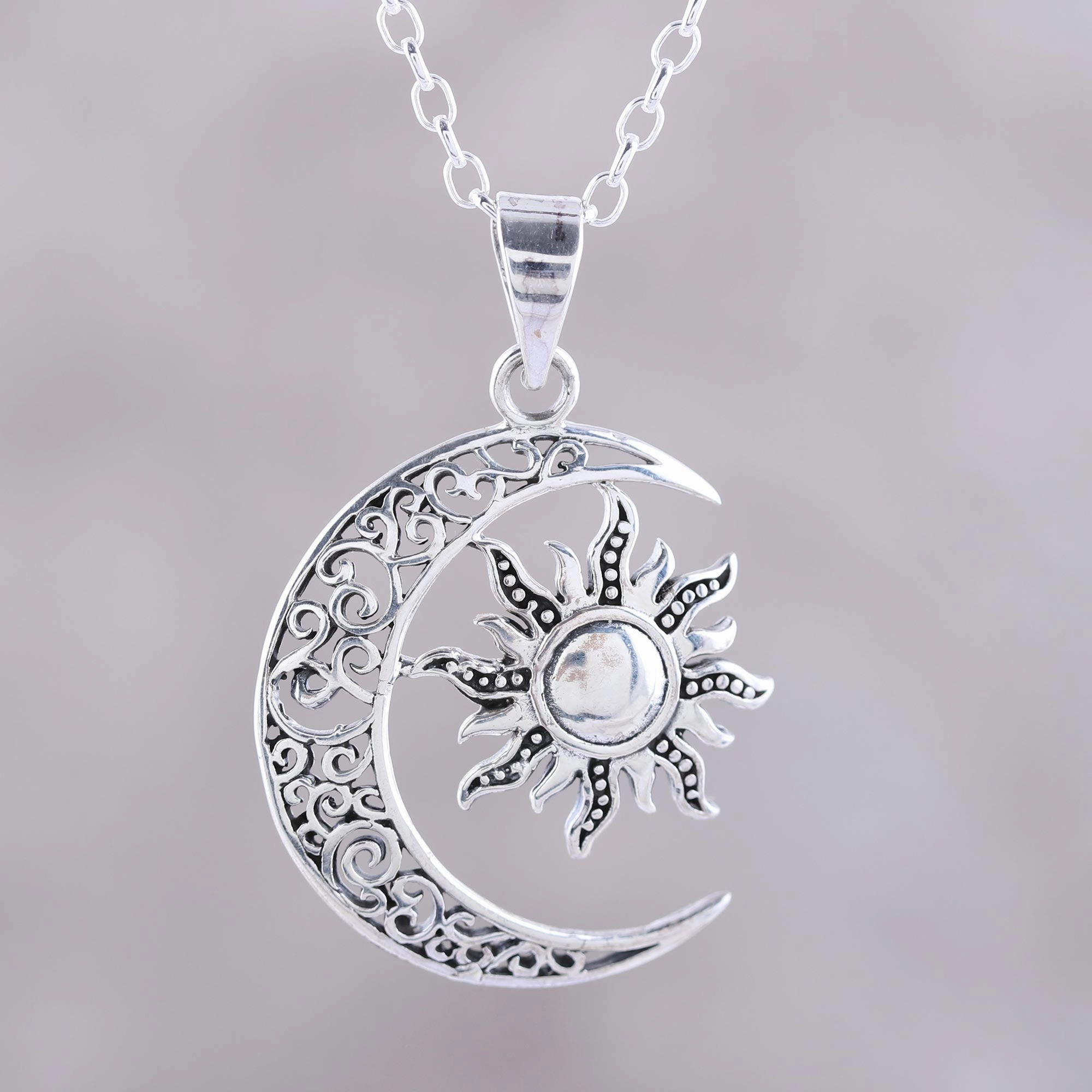 Celestial Duo Sun and Crescent Moon Sterling Silver Pendant Necklace