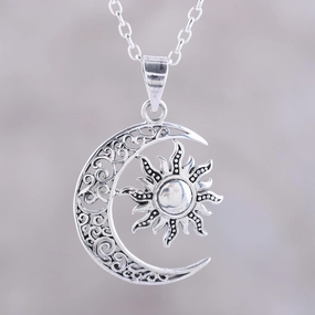 Celestial Duo Sun and Crescent Moon Sterling Silver Pendant Necklace