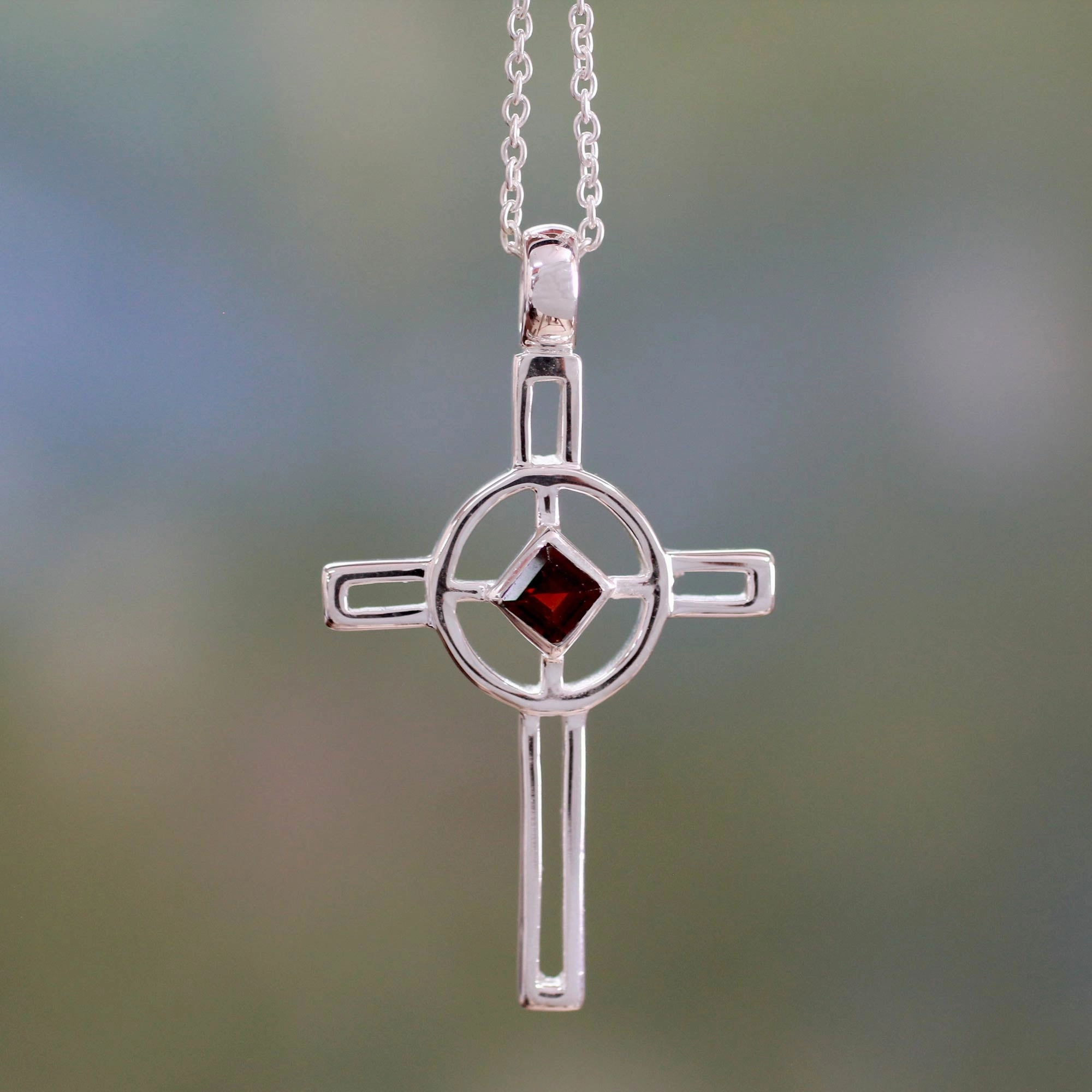 Celtic Cross Sterling Silver and Garnet Pendant Necklace