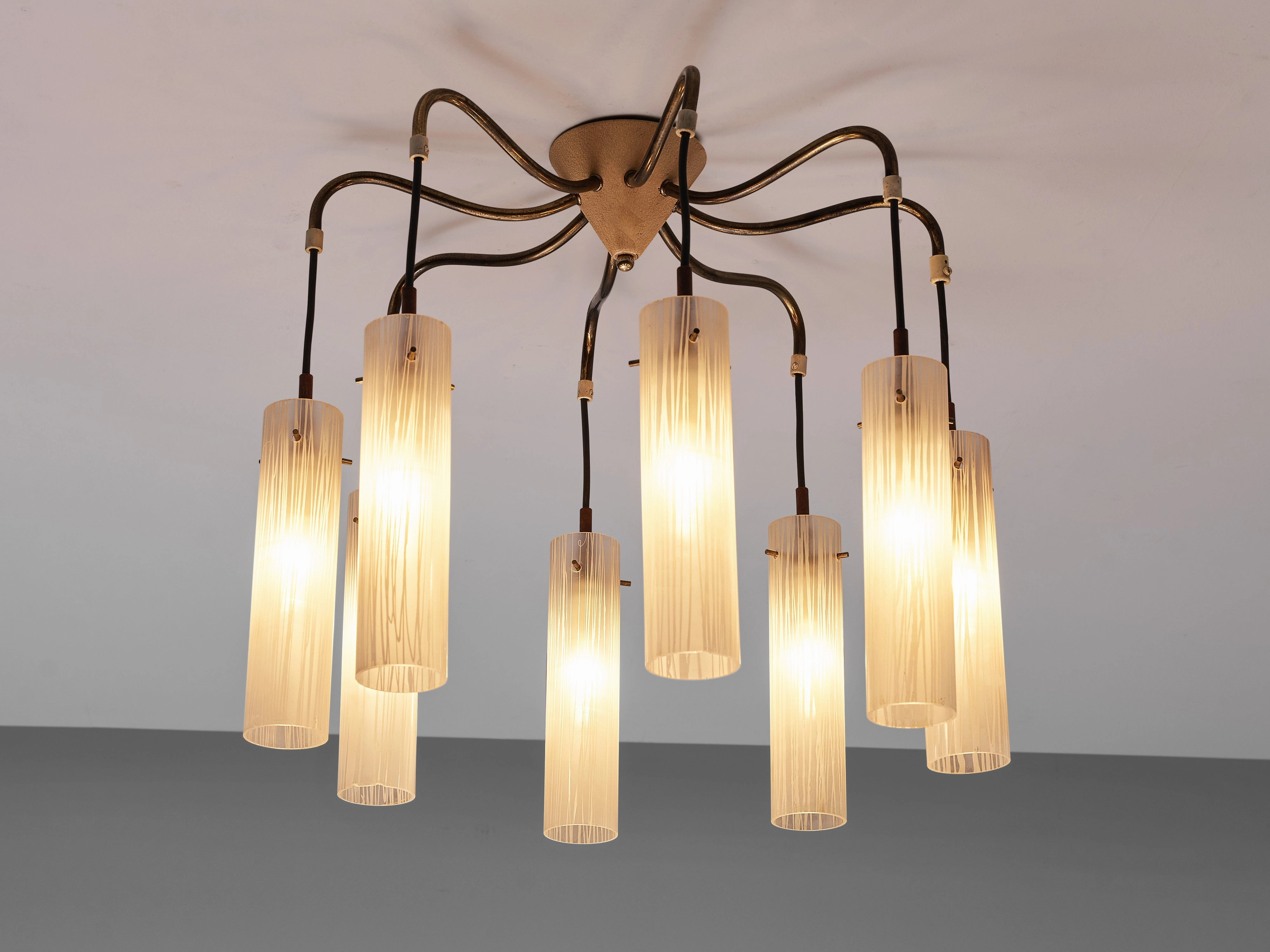 Chandelier in Brass and Glass Tubular Shades