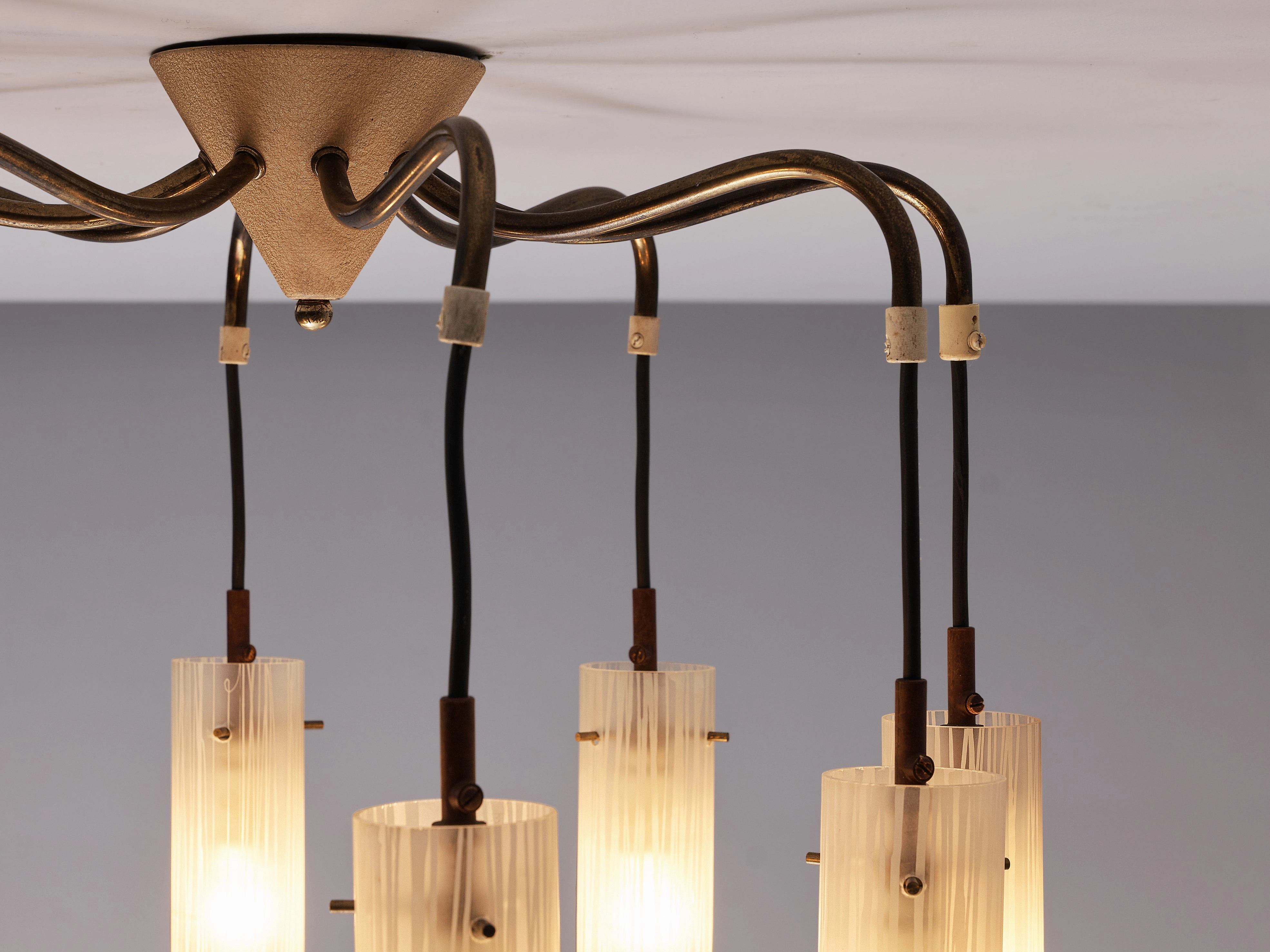 Chandelier in Brass and Glass Tubular Shades