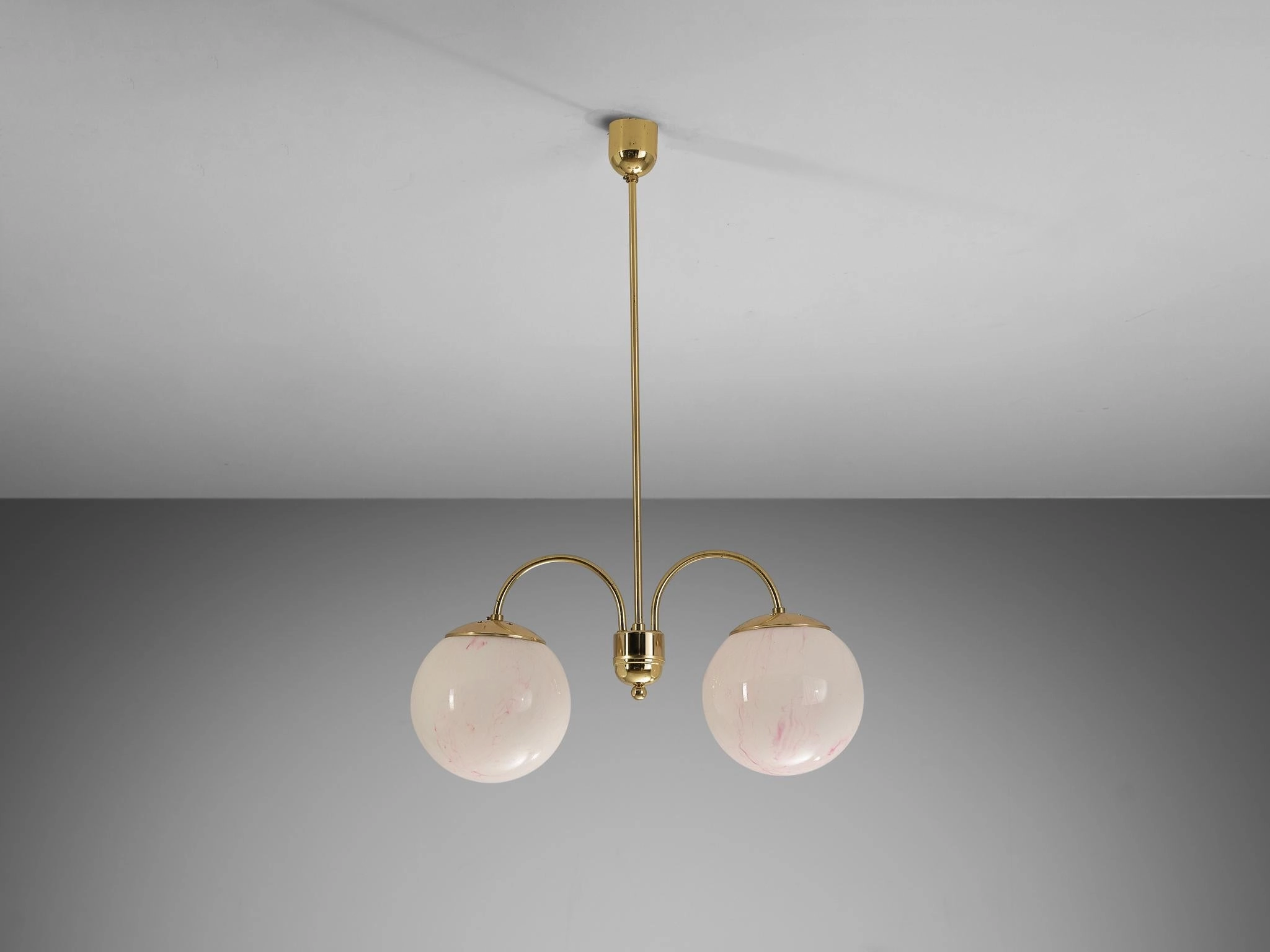 Chandelier with Pink Marbled Glass Spheres and Brass