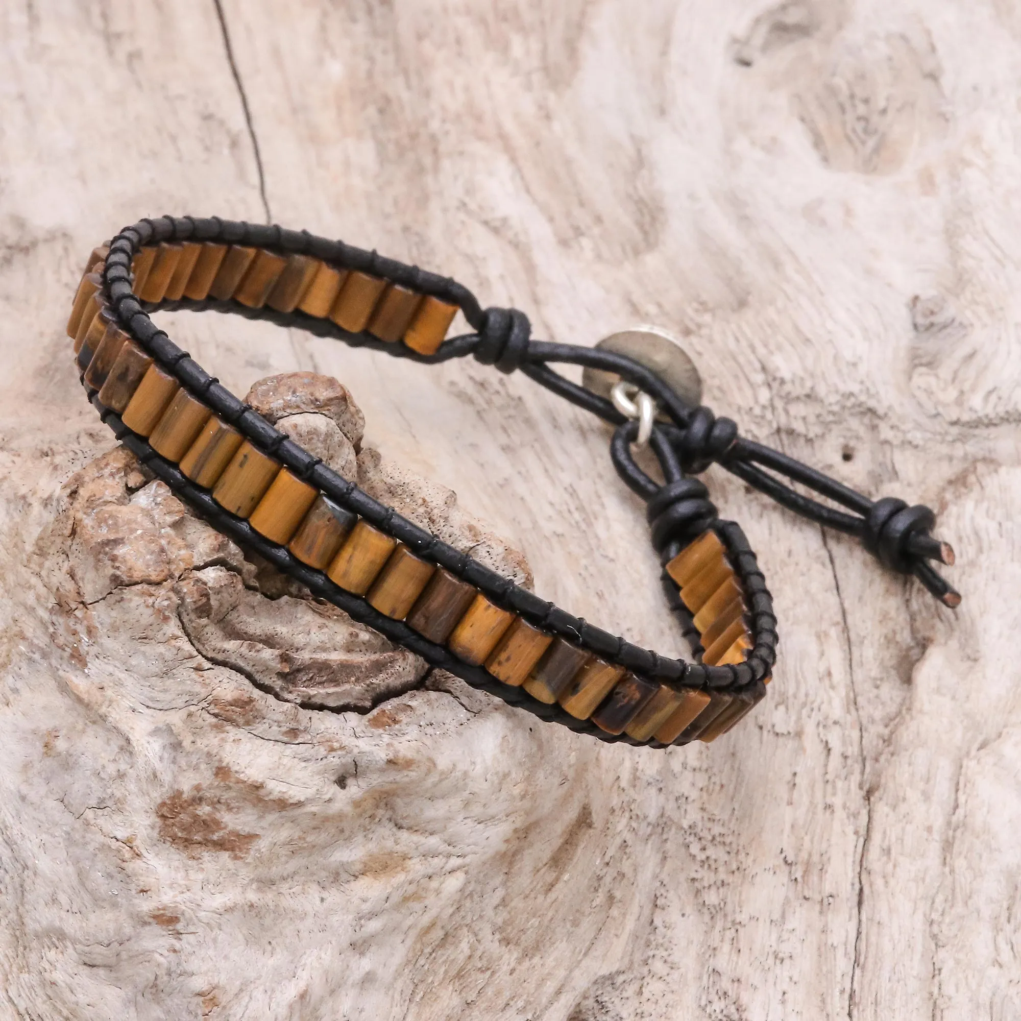 Channels Tiger's Eye Beaded Wristband Bracelet with Leather