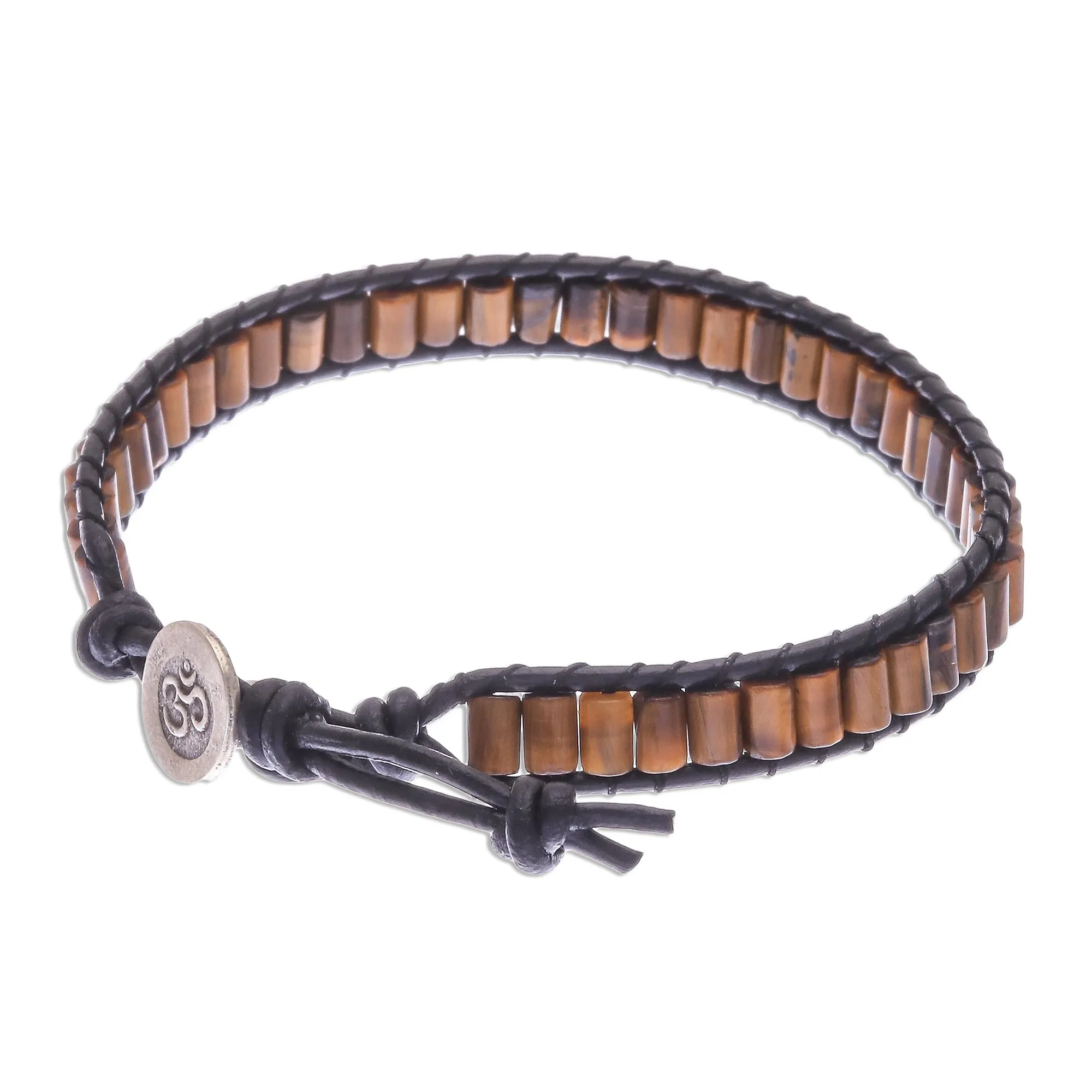 Channels Tiger's Eye Beaded Wristband Bracelet with Leather