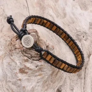 Channels Tiger's Eye Beaded Wristband Bracelet with Leather