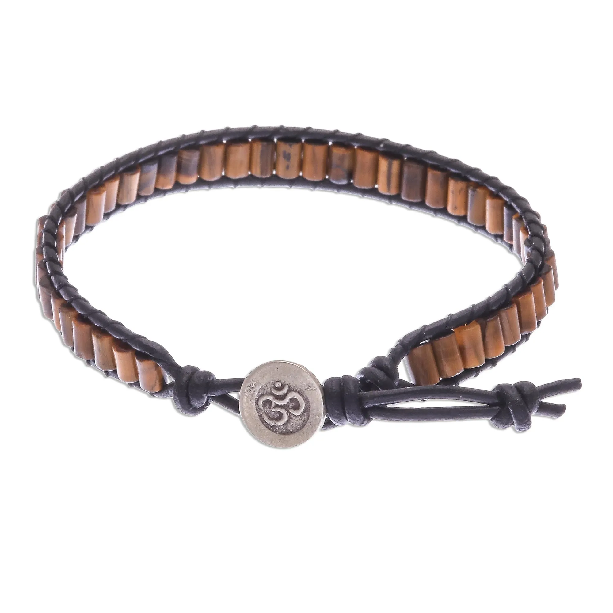 Channels Tiger's Eye Beaded Wristband Bracelet with Leather