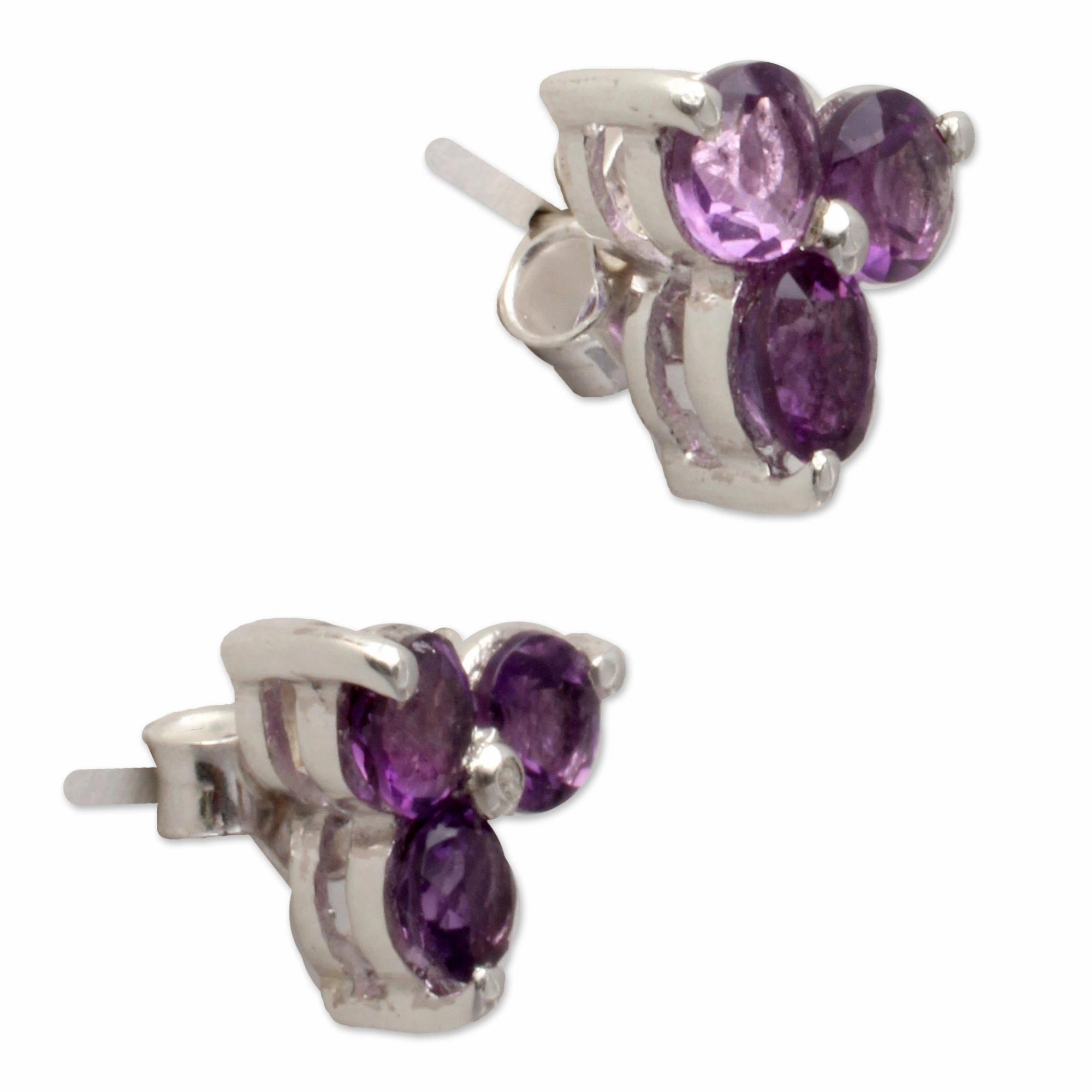 Charming Trio Silver and Amethyst Button Earrings