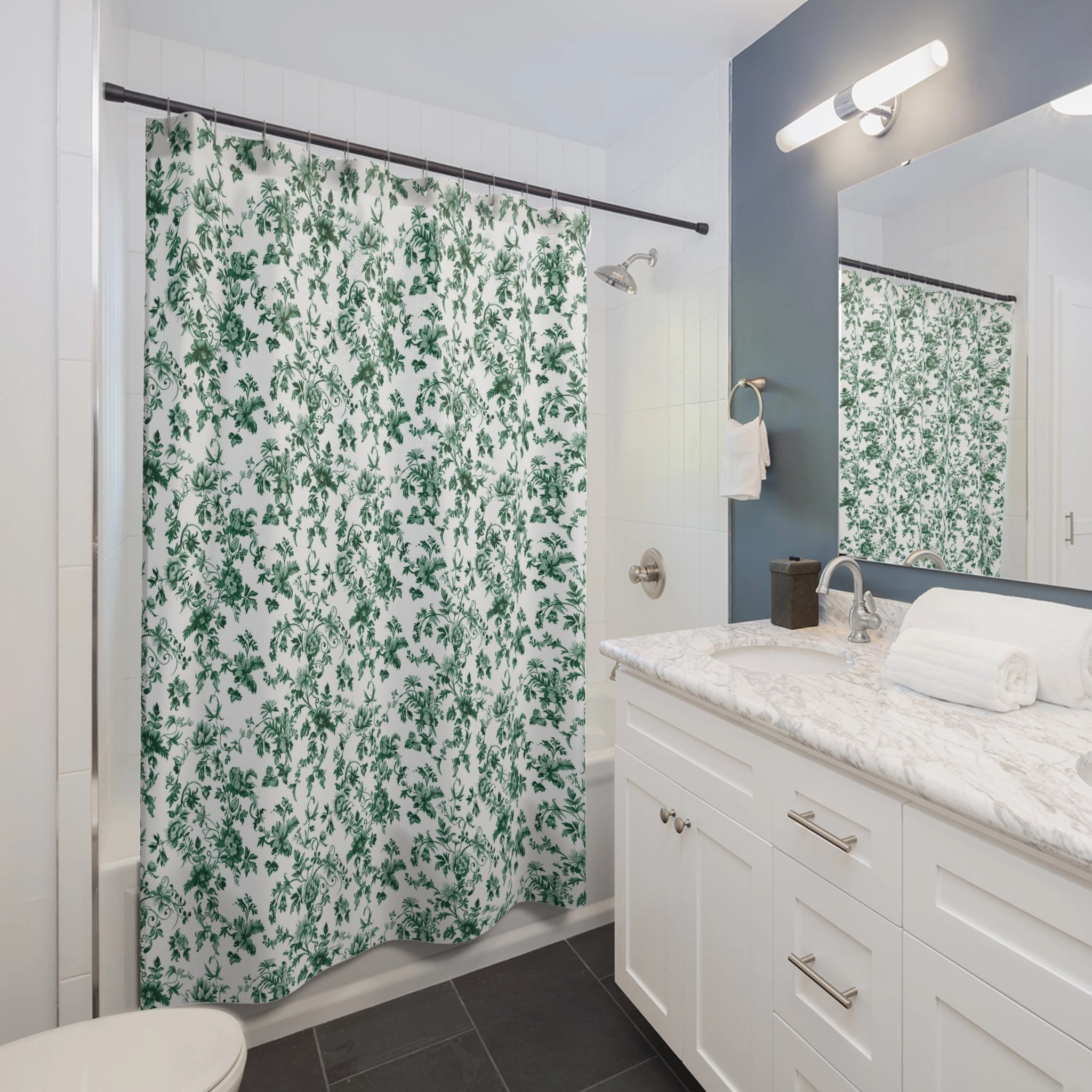 Chinoiserie Floral Shower Curtain | Green White Garden