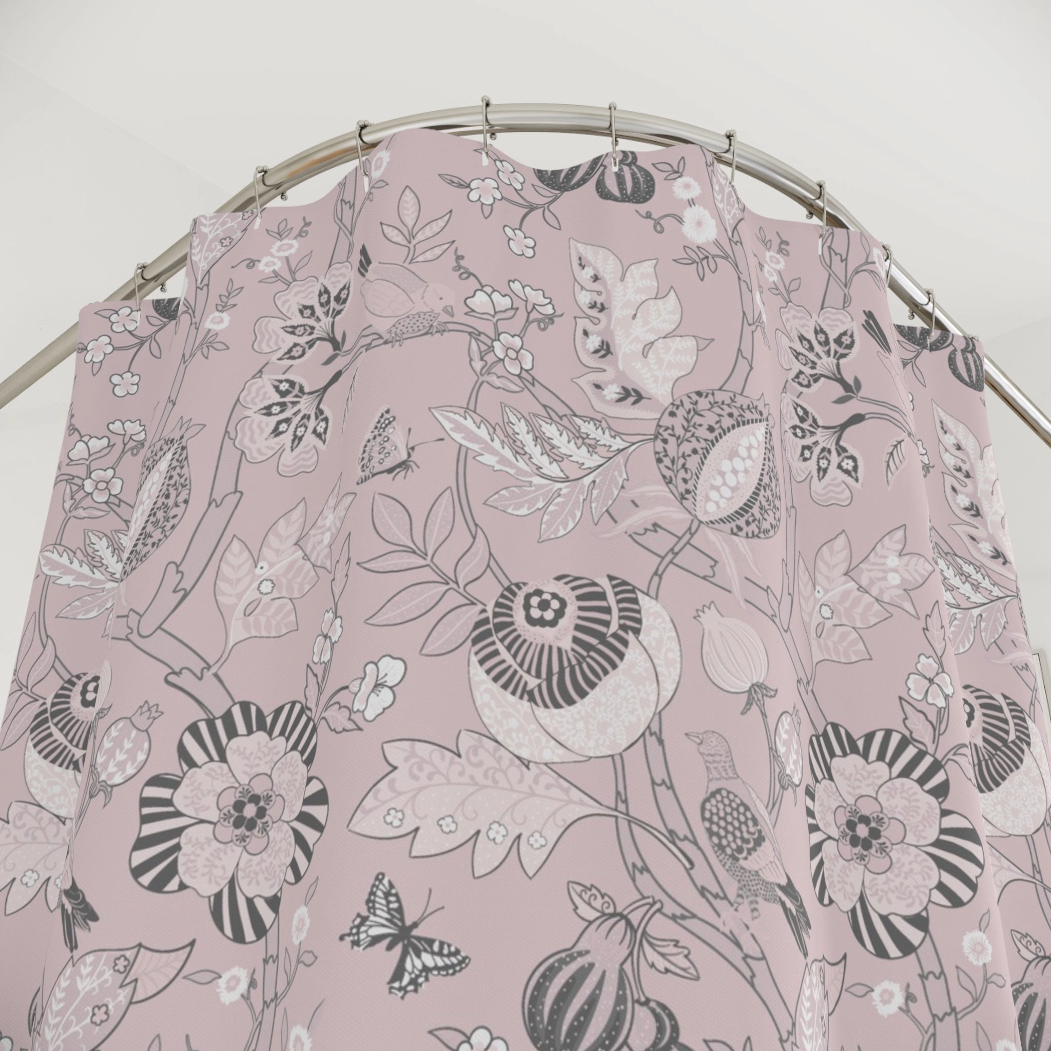 Chinoiserie Shower Curtain | Pink Grey Floral, Vintage