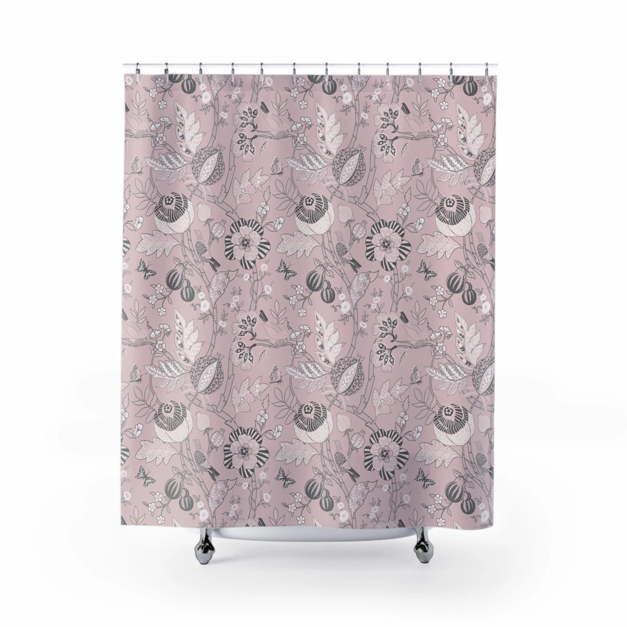 Chinoiserie Shower Curtain | Pink Grey Floral, Vintage Lighting,Home Lighting