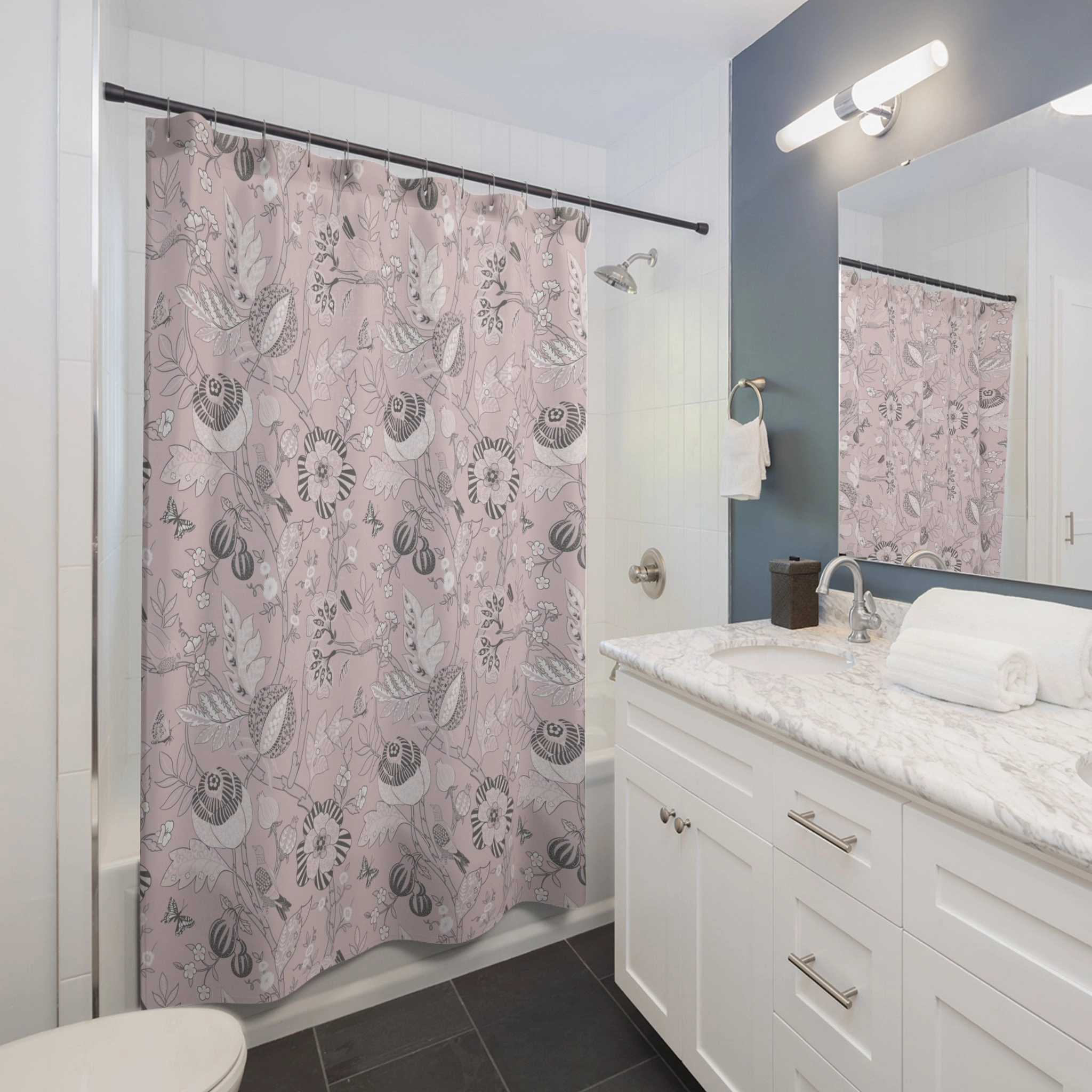 Chinoiserie Shower Curtain | Pink Grey Floral, Vintage