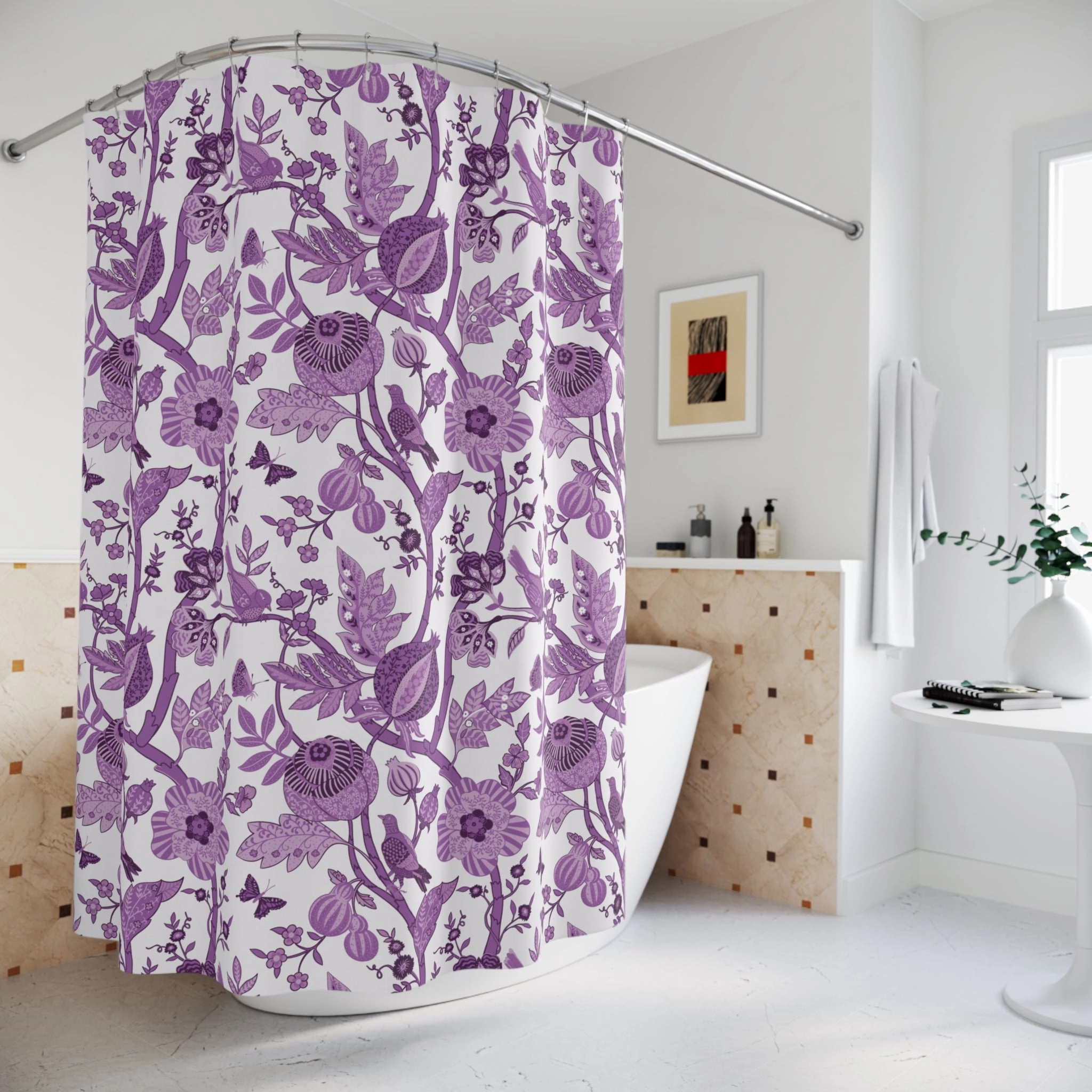 Chinoiserie Shower Curtain | Purple White Floral, Vintage