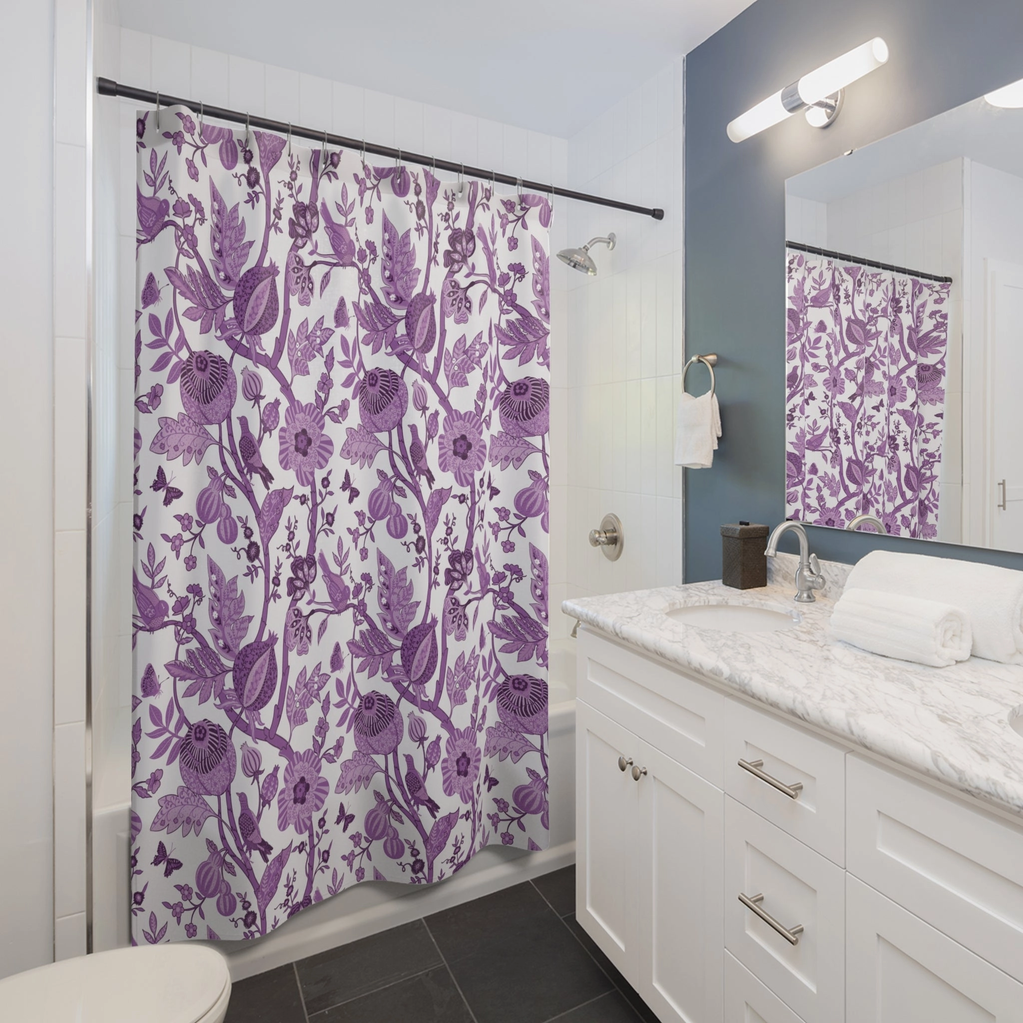 Chinoiserie Shower Curtain | Purple White Floral, Vintage