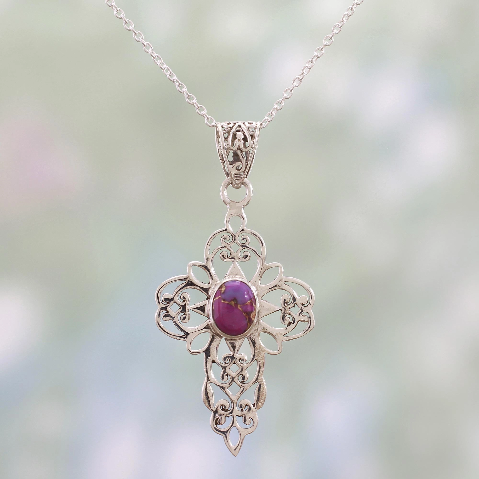 Christian Wish Purple Composite Turquoise Sterling Silver Cross Necklace