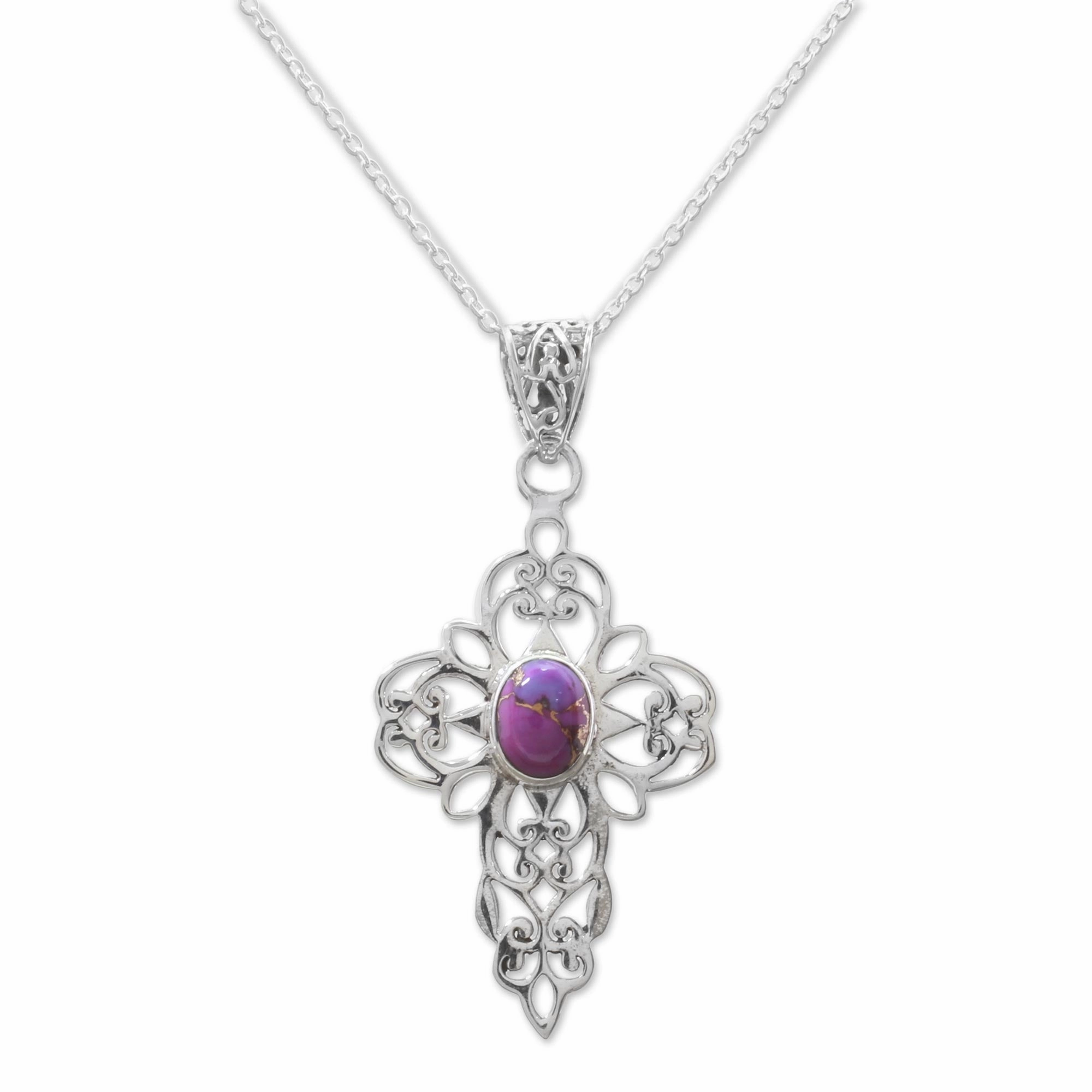 Christian Wish Purple Composite Turquoise Sterling Silver Cross Necklace