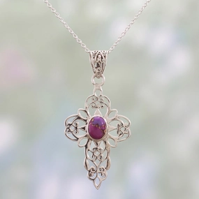 Christian Wish Purple Composite Turquoise Sterling Silver Cross Necklace