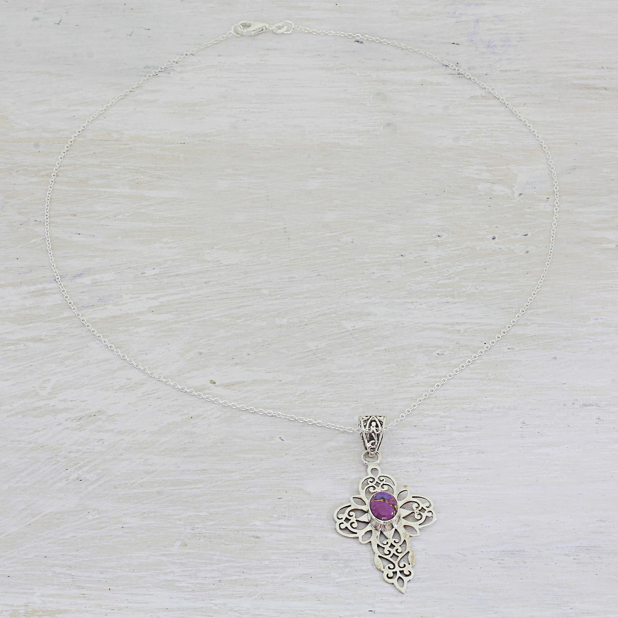 Christian Wish Purple Composite Turquoise Sterling Silver Cross Necklace