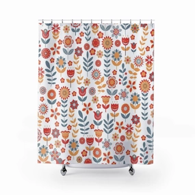Christmas Shower Curtain | Beige Red White Folk Floral Pattern Lighting,Home Lighting