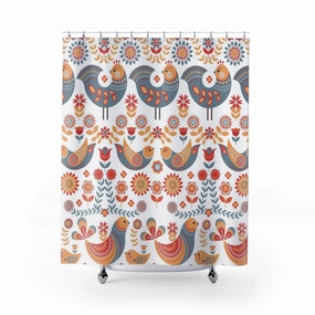 Christmas Shower Curtain | Blue White Red Beige Folk Birds Lighting,Home Lighting
