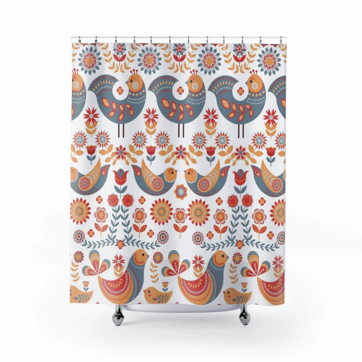 Christmas Shower Curtain | Blue White Red Beige Folk Birds Lighting,Home Lighting