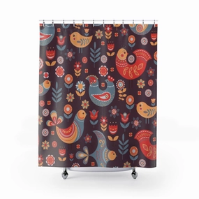 Christmas Shower Curtain | Burgundy Gray Red Nordic Birds Lighting,Home Lighting