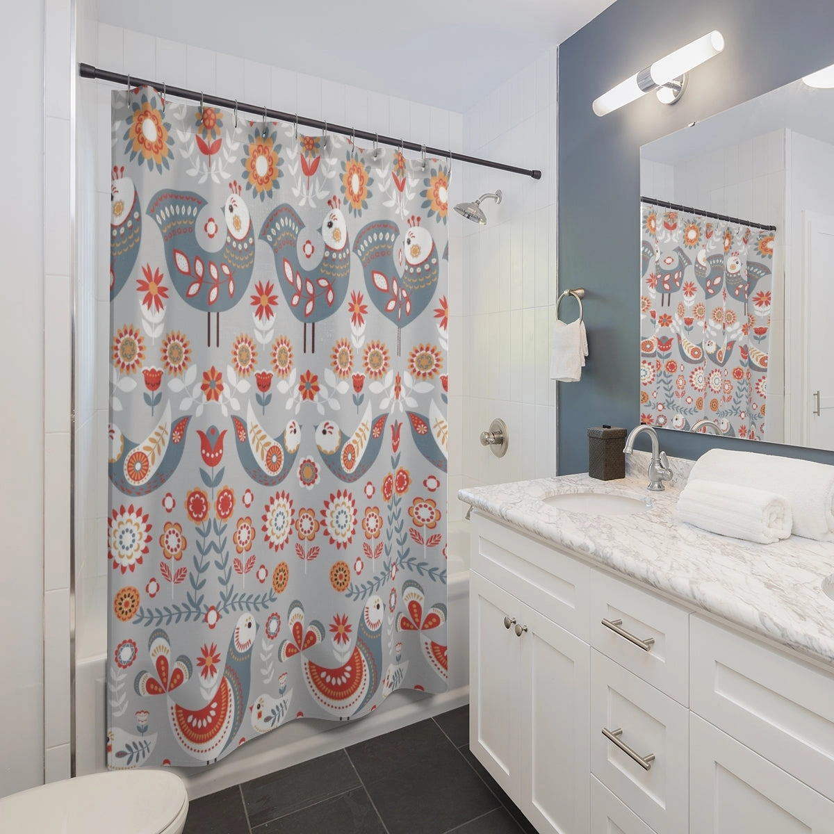 Christmas Shower Curtain | Gray Blue White Nordic Folk Birds