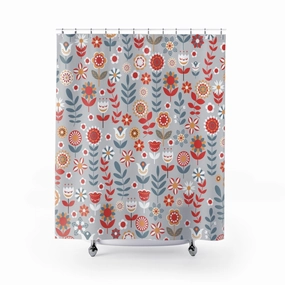 Christmas Shower Curtain | Gray Orange Red Folk Flowers Lighting,Home Lighting