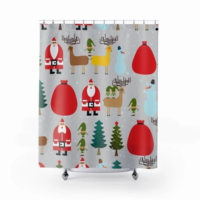 Christmas Shower Curtain | Gray Santa Reindeer Christmas Tree Lighting,Home Lighting