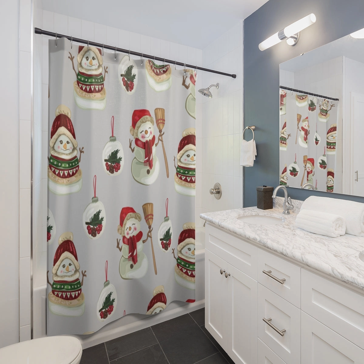 Christmas Shower Curtain | Gray Snowmen Snow Globe