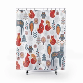 Christmas Shower Curtain | Gray White Forest Animals Lighting,Home Lighting