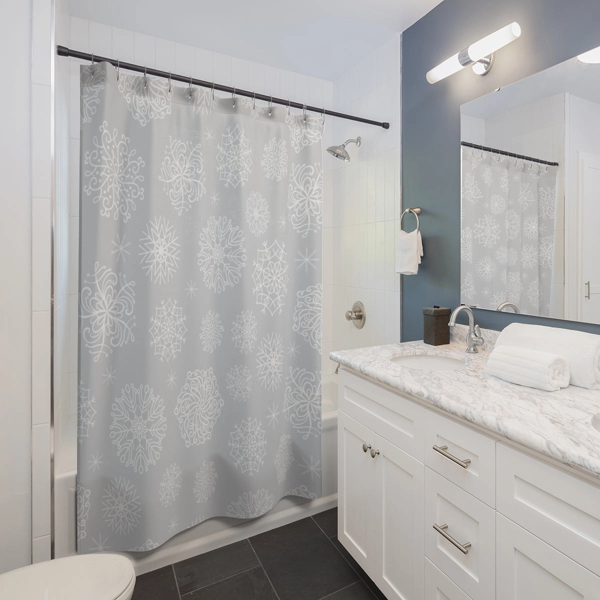 Christmas Shower Curtain | Gray White Snowflakes