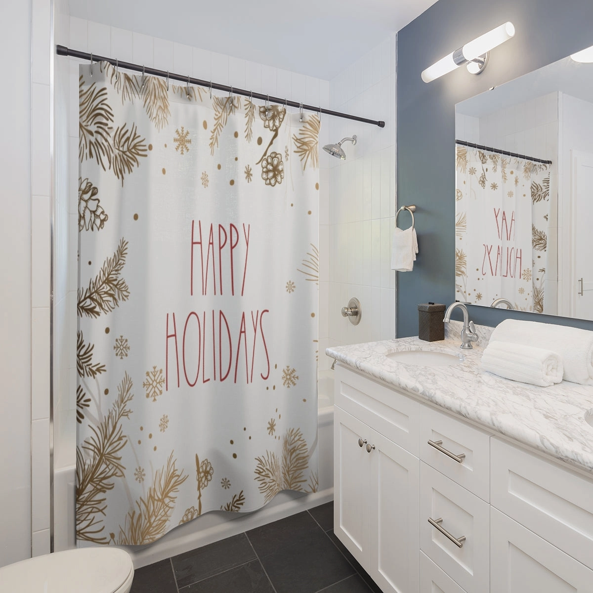 Christmas Shower Curtain | Happy Holidays Beige Festive Leaves